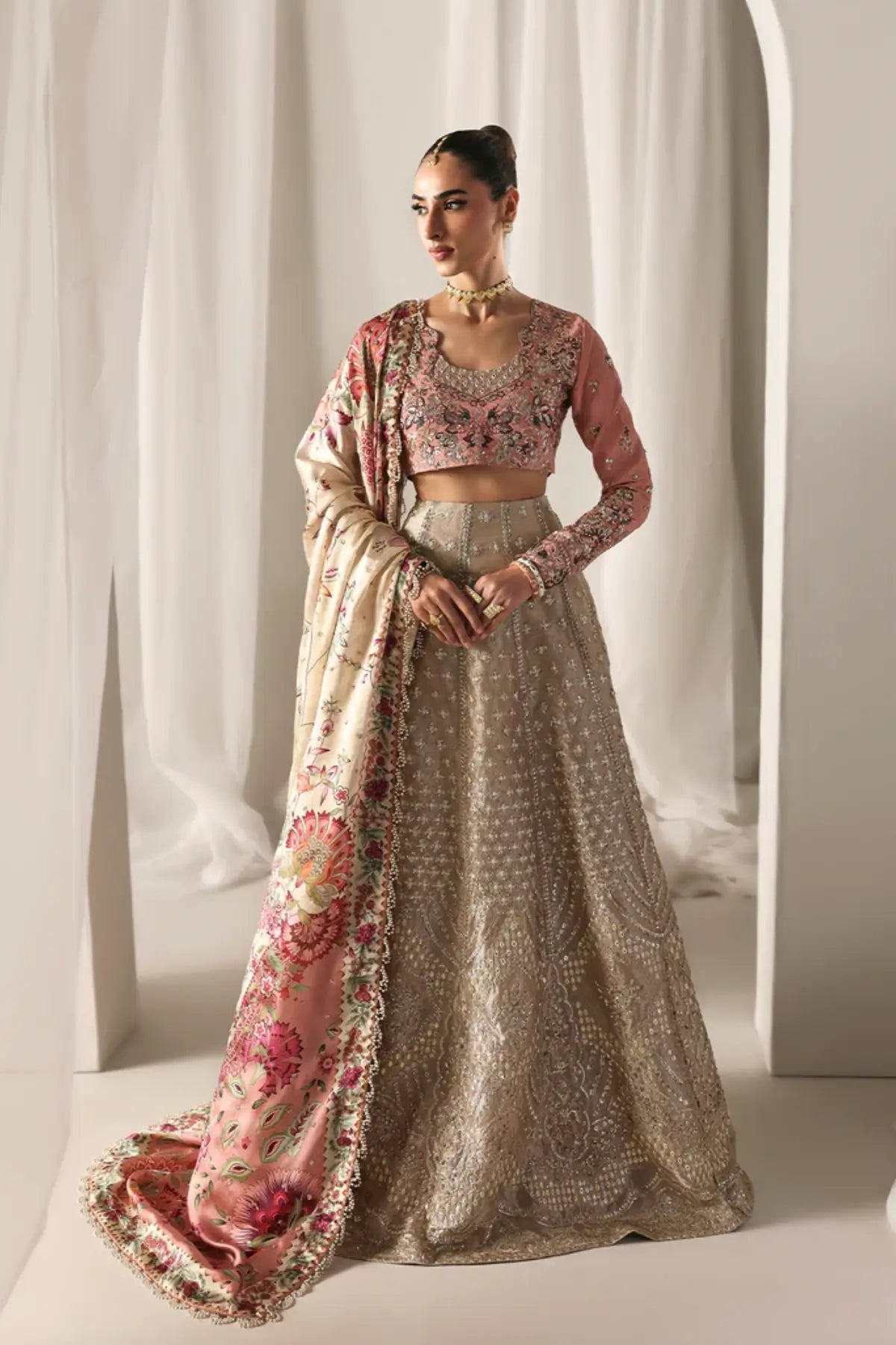 SOFT GLIMMER Emaan Adeel blush pink Pakistani stitched lehenga with embroidered shawl Pakistanimoda.