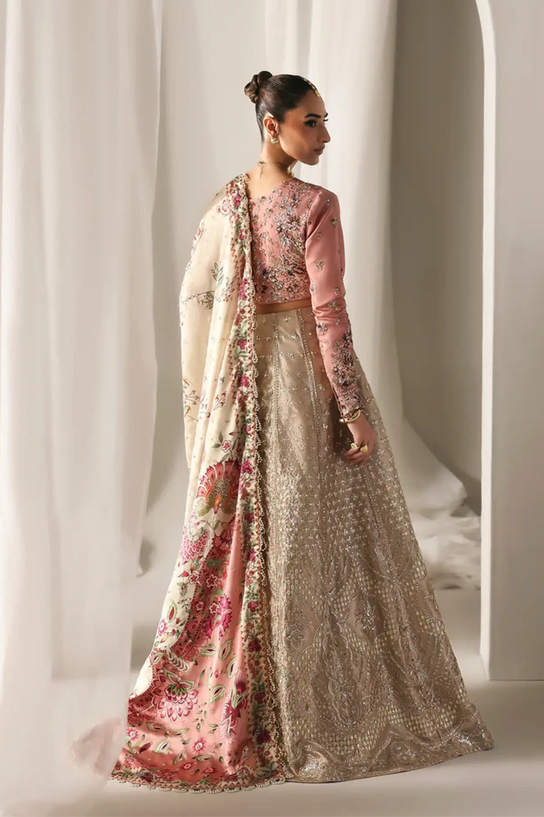 SOFT GLIMMER Emaan Adeel blush pink Pakistani stitched lehenga with embroidered shawl Pakistanimoda.
