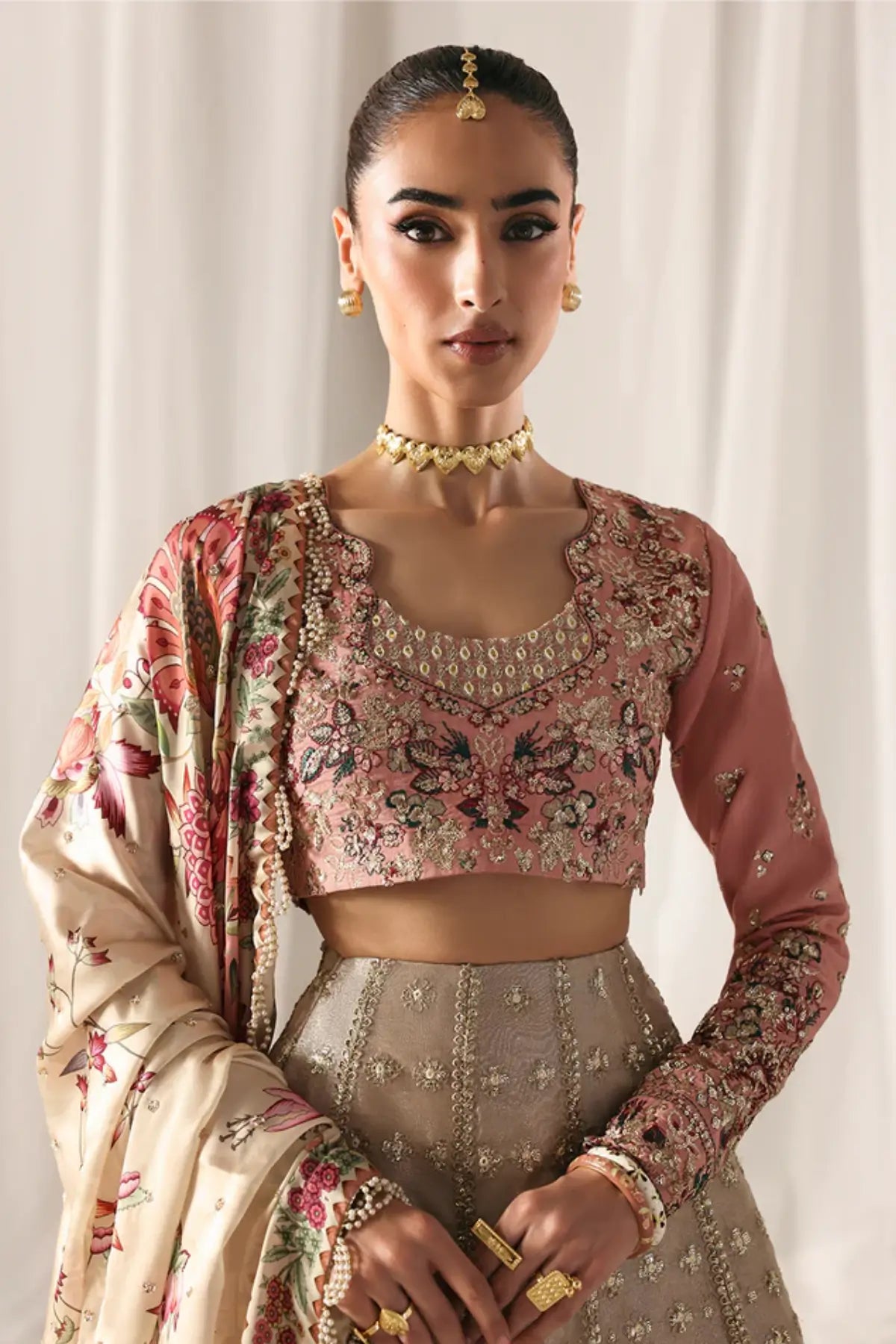 SOFT GLIMMER Emaan Adeel blush pink Pakistani stitched lehenga with embroidered shawl Pakistanimoda.