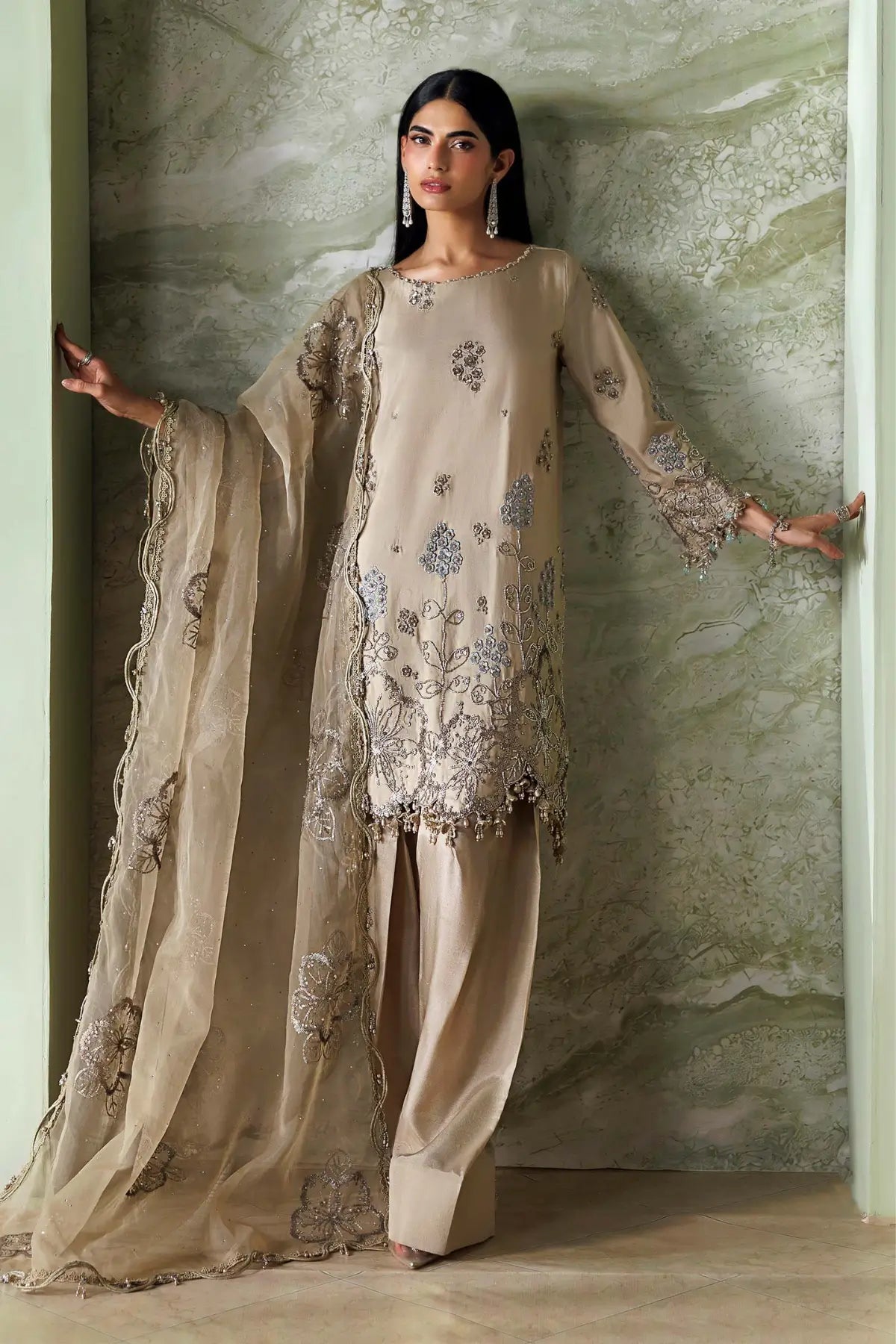 Maria.B Soirée SR-01-01 champagne beige embroidered Tussar silk stitched suit with pearl embellishments and organza dupatta