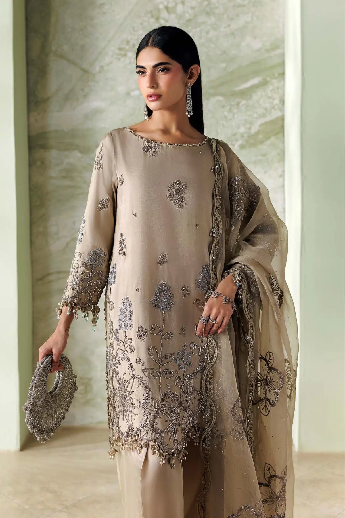 Maria.B Soirée SR-01-01 champagne beige embroidered Tussar silk stitched suit with pearl embellishments and organza dupatta