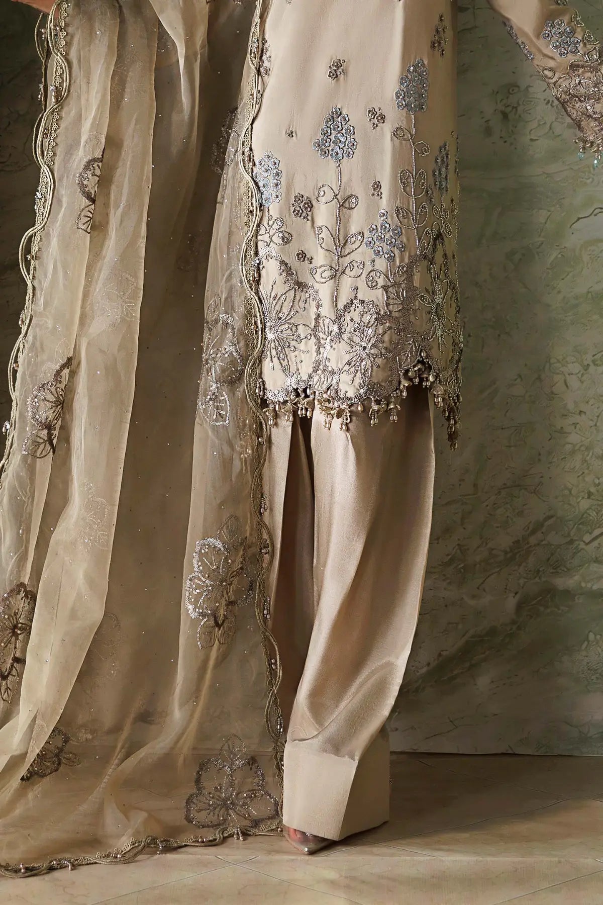 Maria.B Soirée SR-01-01 champagne beige embroidered Tussar silk stitched suit with pearl embellishments and organza dupatta