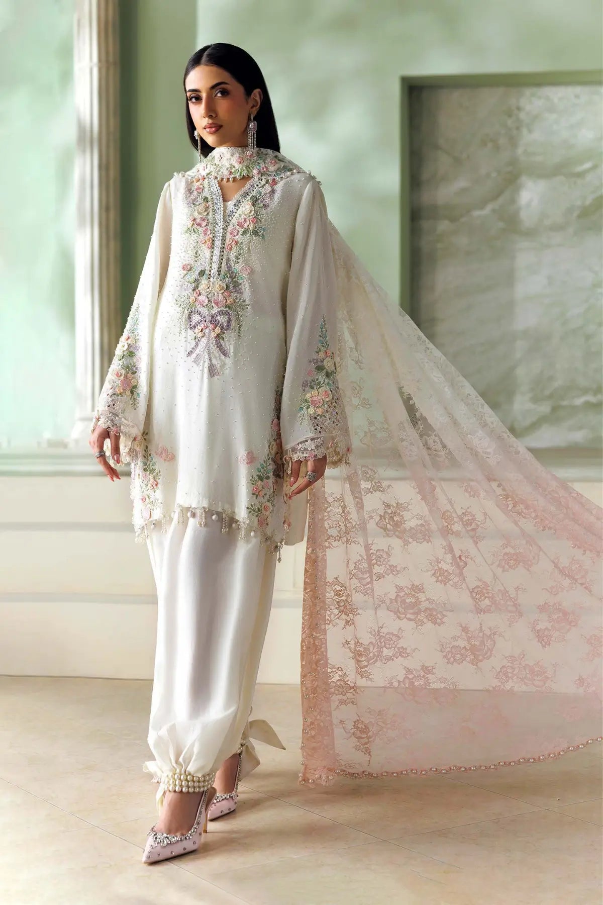 Maria.B Soirée SR-01-02 ivory embroidered Tussar silk stitched suit with 3D floral embellishments, pearl detailing and Chantilly dupatta