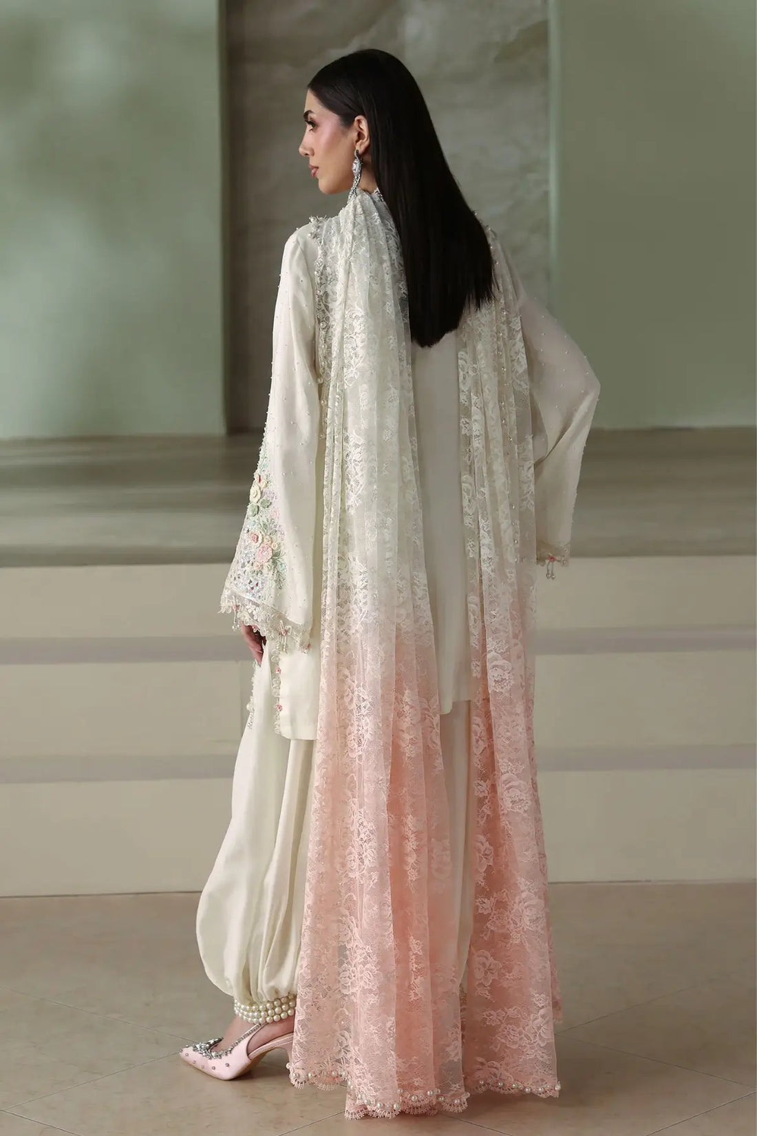 Maria.B Soirée SR-01-02 ivory embroidered Tussar silk stitched suit with 3D floral embellishments, pearl detailing and Chantilly dupatta
