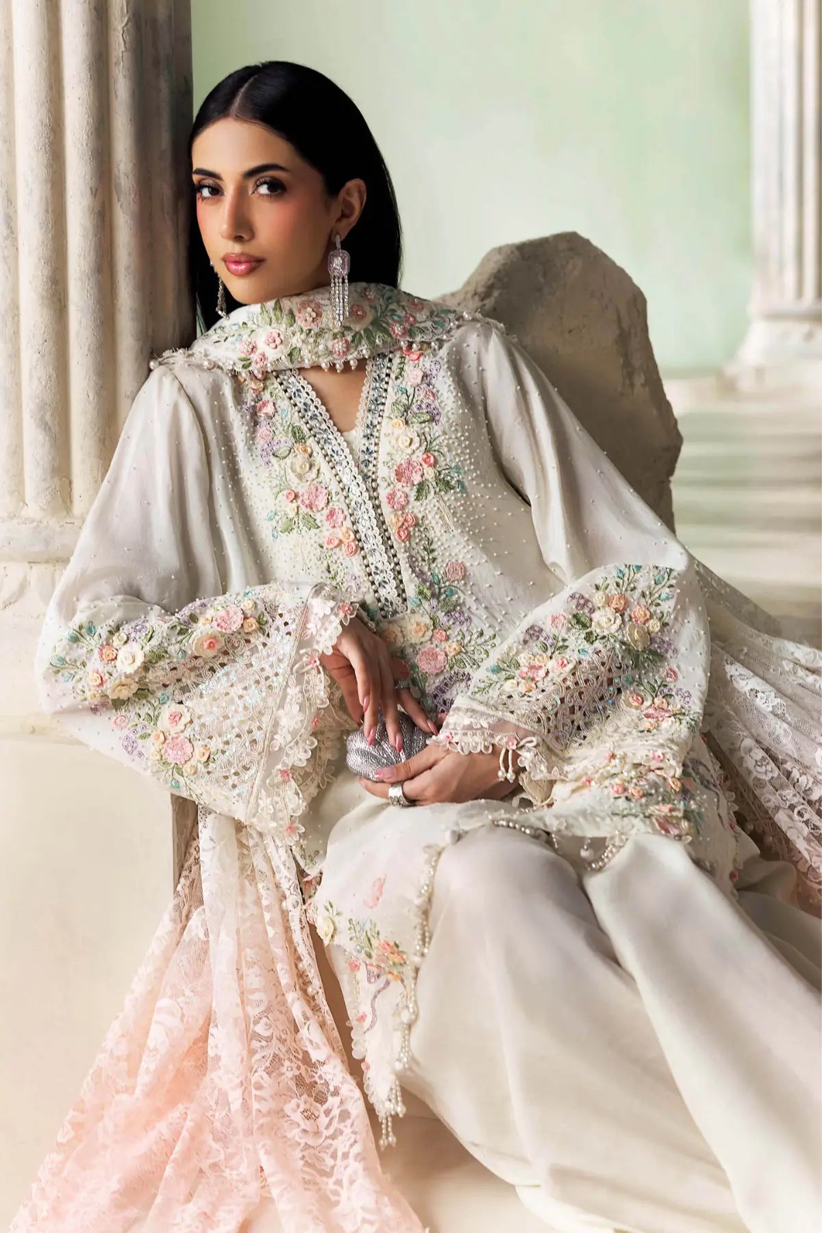 Maria.B Soirée SR-01-02 ivory embroidered Tussar silk stitched suit with 3D floral embellishments, pearl detailing and Chantilly dupatta