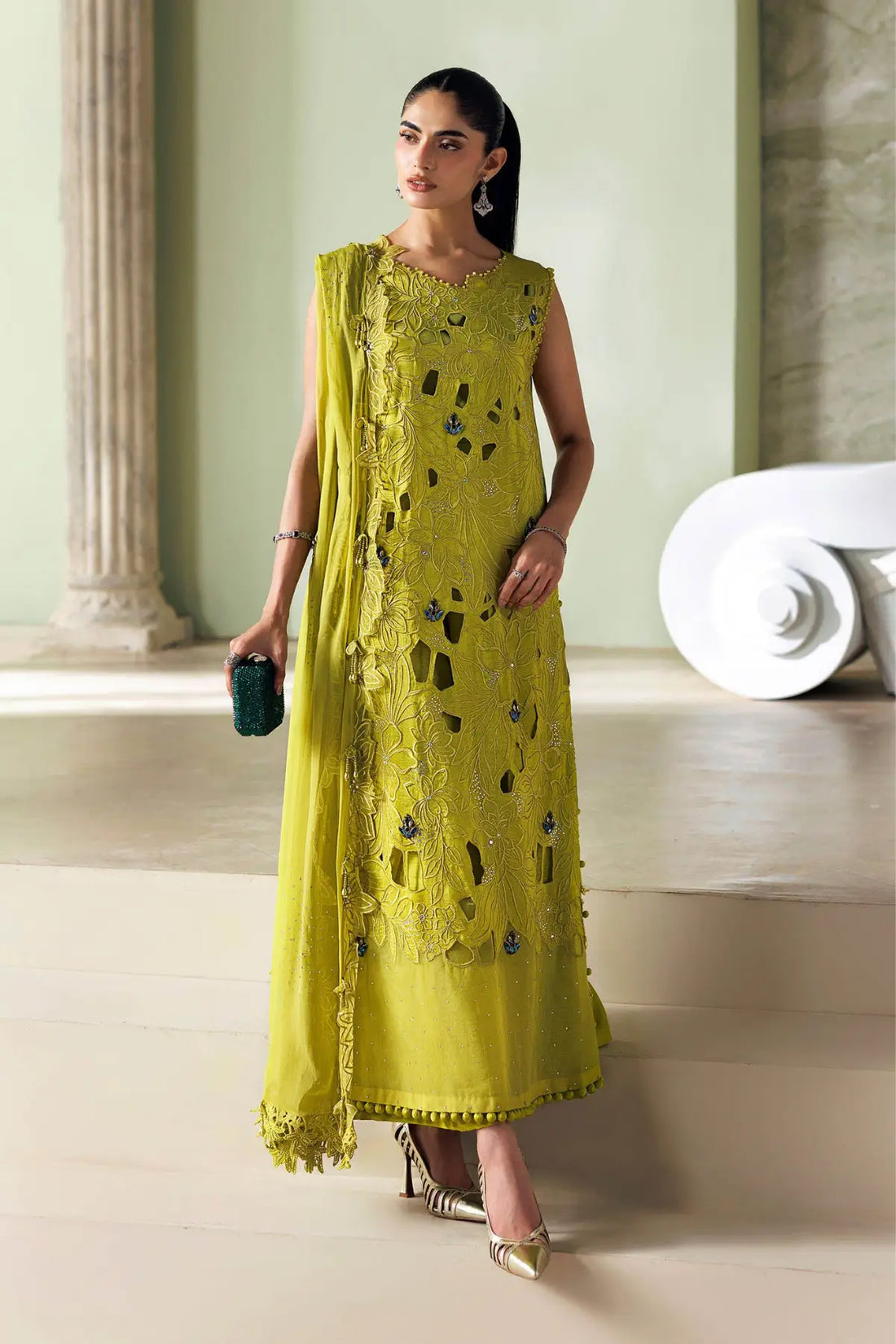 Maria.B Soirée SR-01-03 lime green hand embellished raw silk stitched 3PC suit with floral embroidery and chiffon dupatta