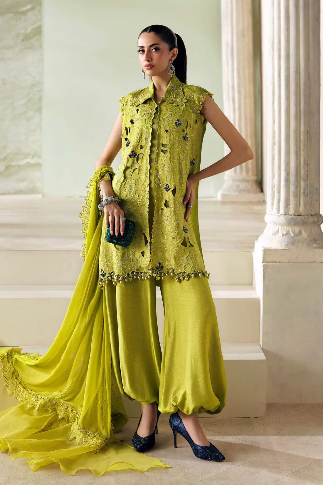 Maria.B Soirée SR-01-03 lime green hand embellished raw silk stitched 3PC suit with floral embroidery and chiffon dupatta