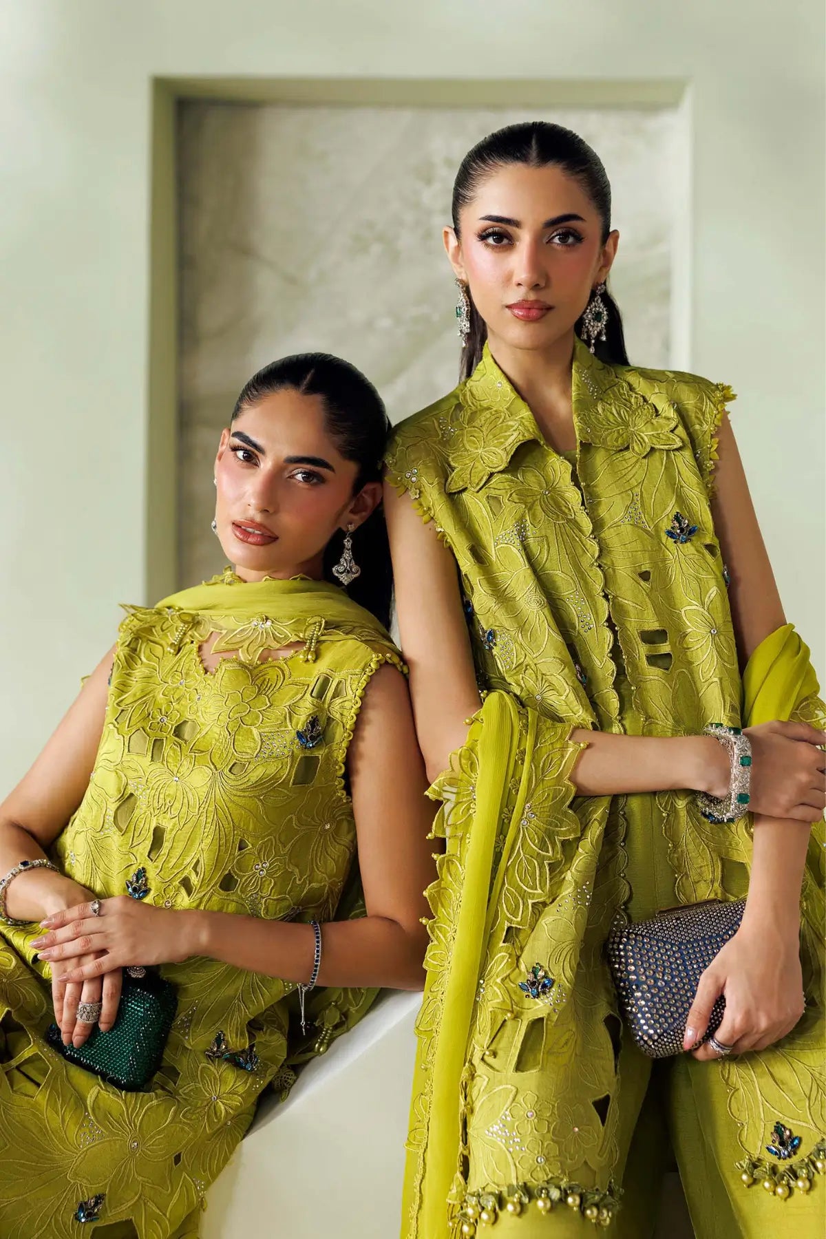 Maria.B Soirée SR-01-03 lime green hand embellished raw silk stitched 3PC suit with floral embroidery and chiffon dupatta