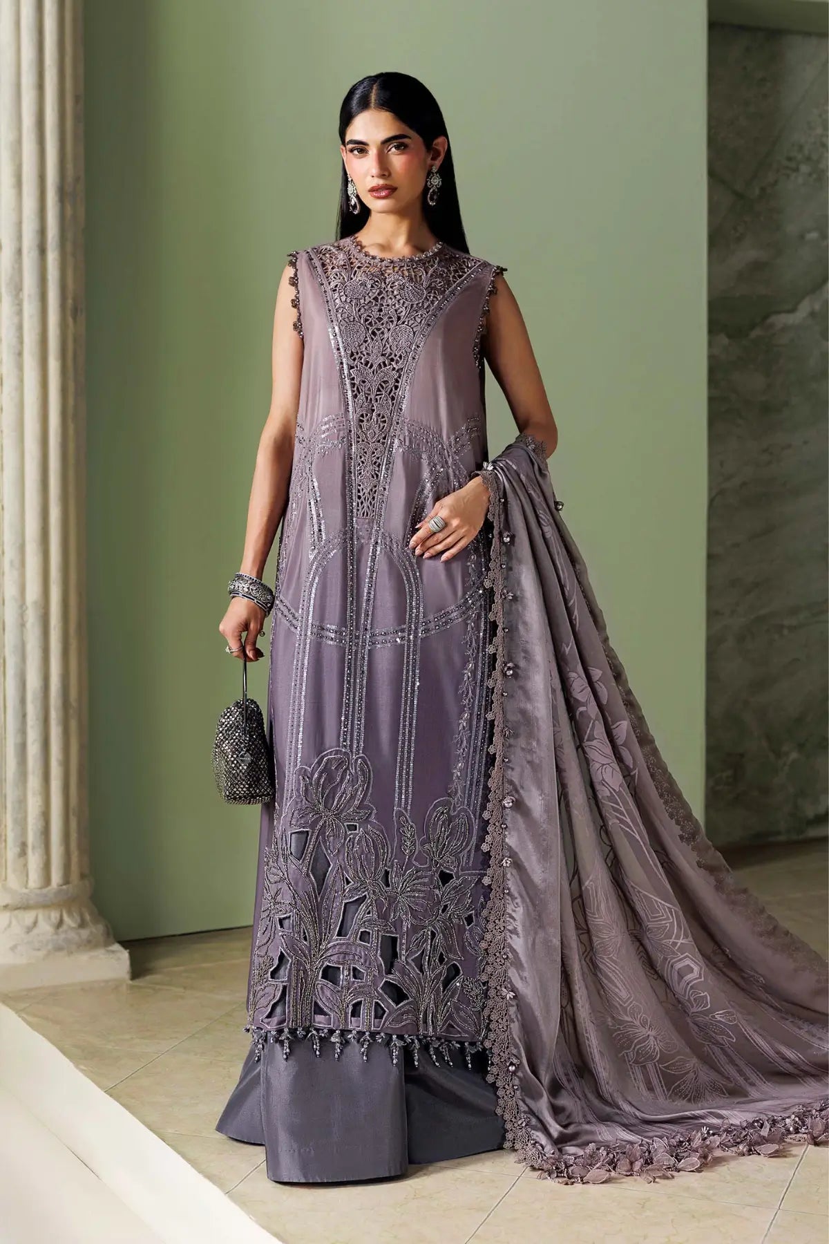 Maria.B Soirée SR-01-04 Dusty Mauve coffee and grey embroidered Bell raw silk stitched suit with ombre detailing and burnout silk dupatta