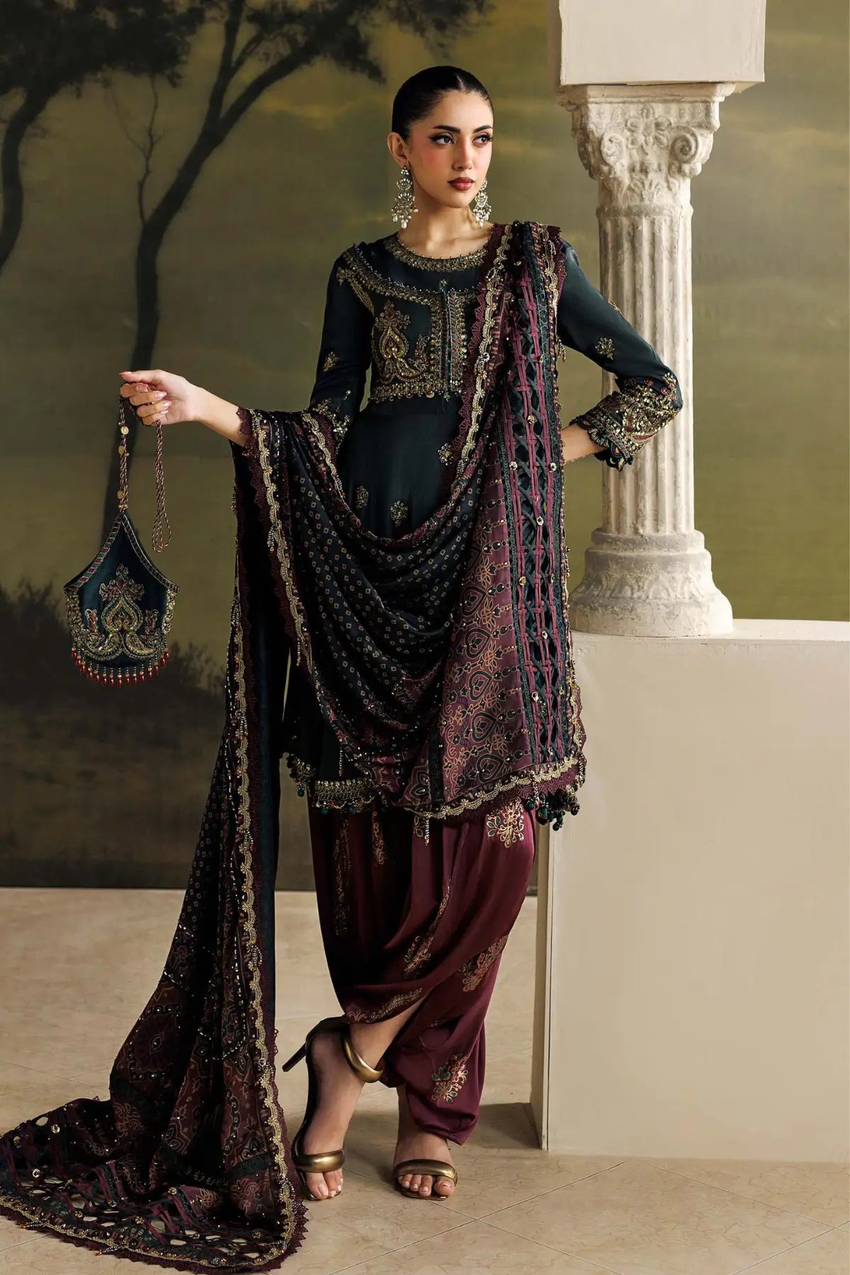 Maria.B Soirée SR-01-05 Imperial Burgundy dark green embroidered Tussar silk stitched 3PC suit with printed silk dupatta