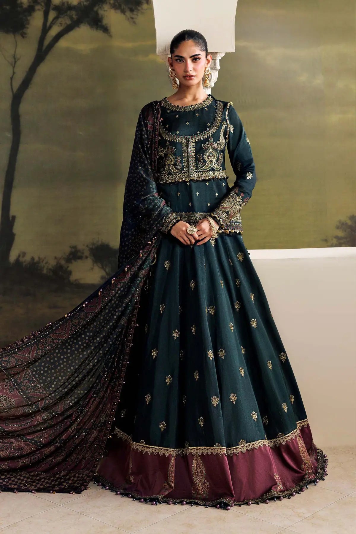 Maria.B Soirée SR-01-05 Imperial Burgundy dark green embroidered Tussar silk stitched 3PC suit with printed silk dupatta