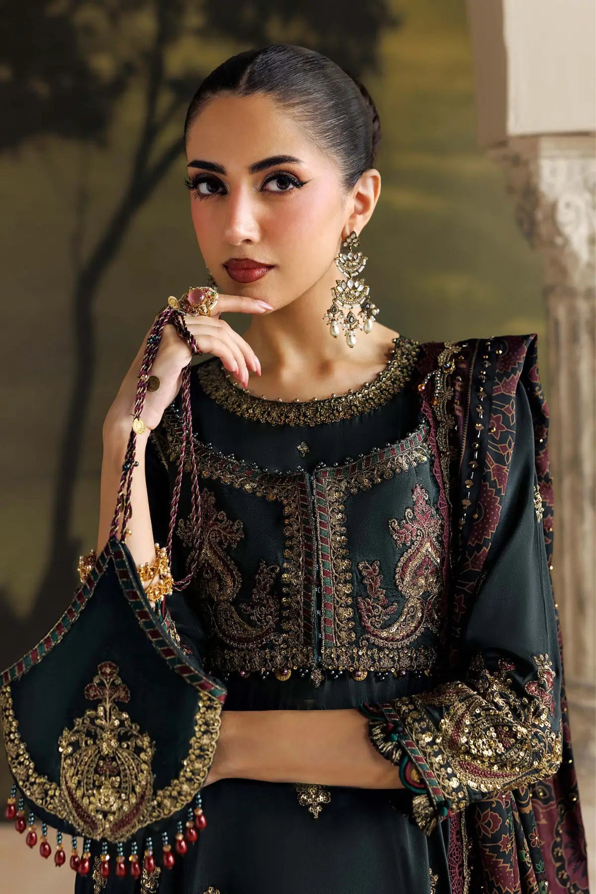 Maria.B Soirée SR-01-05 Imperial Burgundy dark green embroidered Tussar silk stitched 3PC suit with printed silk dupatta