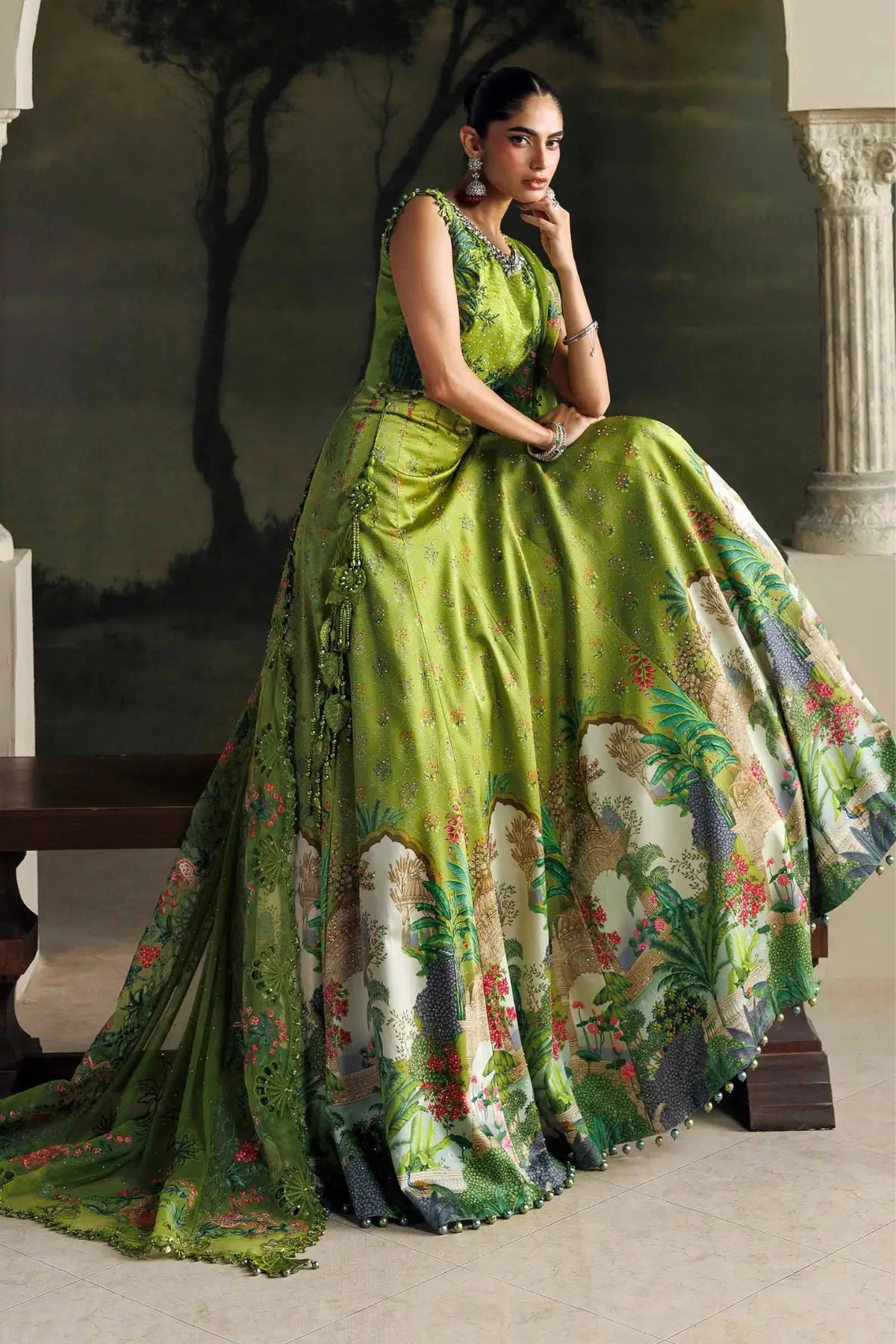 Maria.B Soirée SR-01-06 Peridot Green embroidered raw silk choli with printed charmeuse silk lehenga and embellished net dupatta
