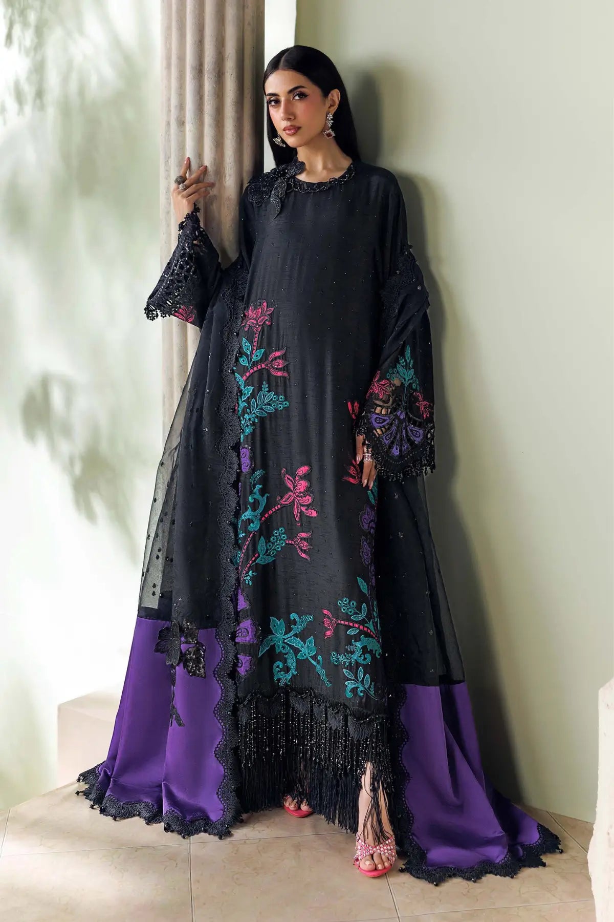 Midnight Noir black and purple embroidered raw silk stitched suit with floral detailing and organza dupatta by Maria.B Soirée