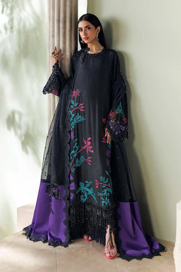 Midnight Noir black and purple embroidered raw silk stitched suit with floral detailing and organza dupatta by Maria.B Soirée