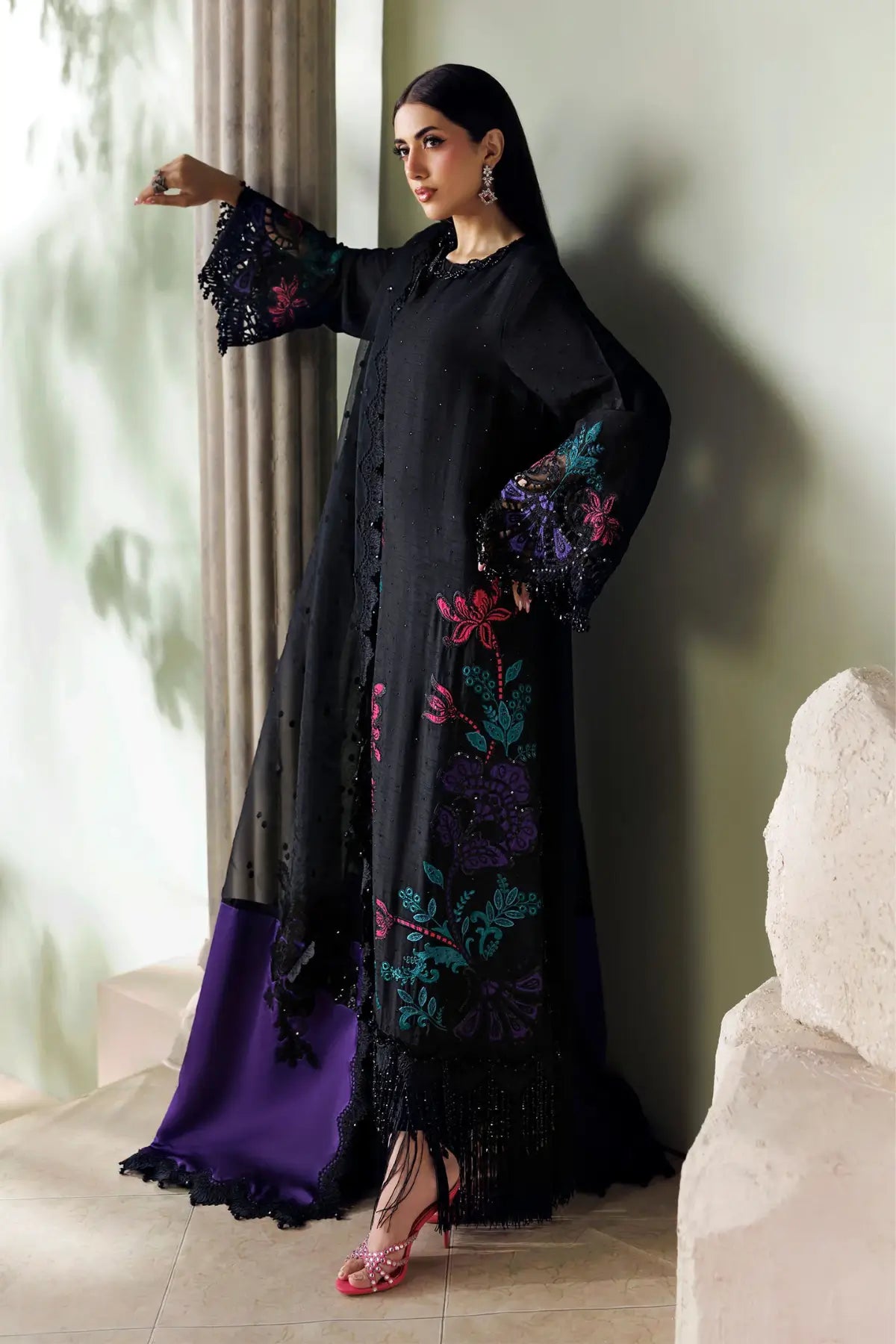 Maria.B Soirée SR-01-08 Midnight Noir black and purple embroidered raw silk stitched suit with 3D embellished organza dupatta