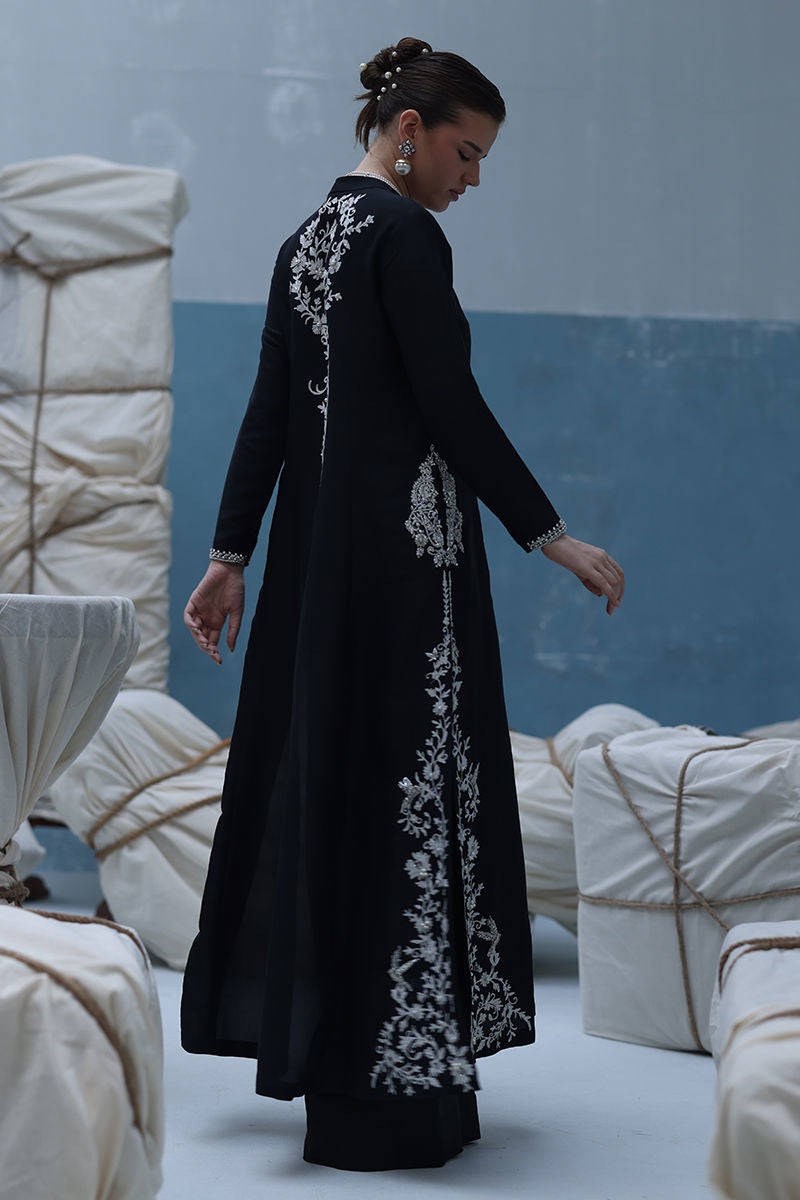 Ivory raw silk embroidered shirt with dabka, pearls, and tikki stones, paired with shimmer crepe culottes – formal Pakistani outfit for weddings and festive occasions.