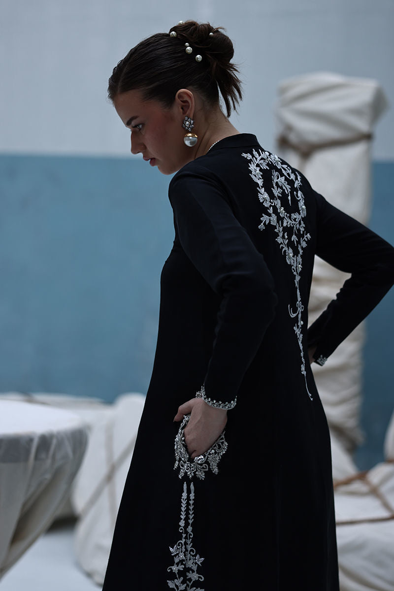 Ivory raw silk embroidered shirt with dabka, pearls, and tikki stones, paired with shimmer crepe culottes – formal Pakistani outfit for weddings and festive occasions.