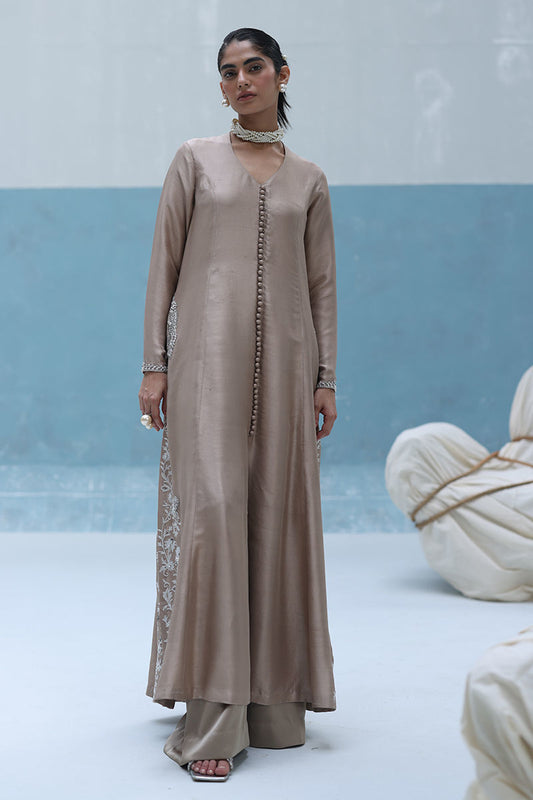 Ivory raw silk front-open embroidered shirt with pearls and cutdana, paired with shimmer crepe beige culottes – Pakistani formal outfit for weddings and events.