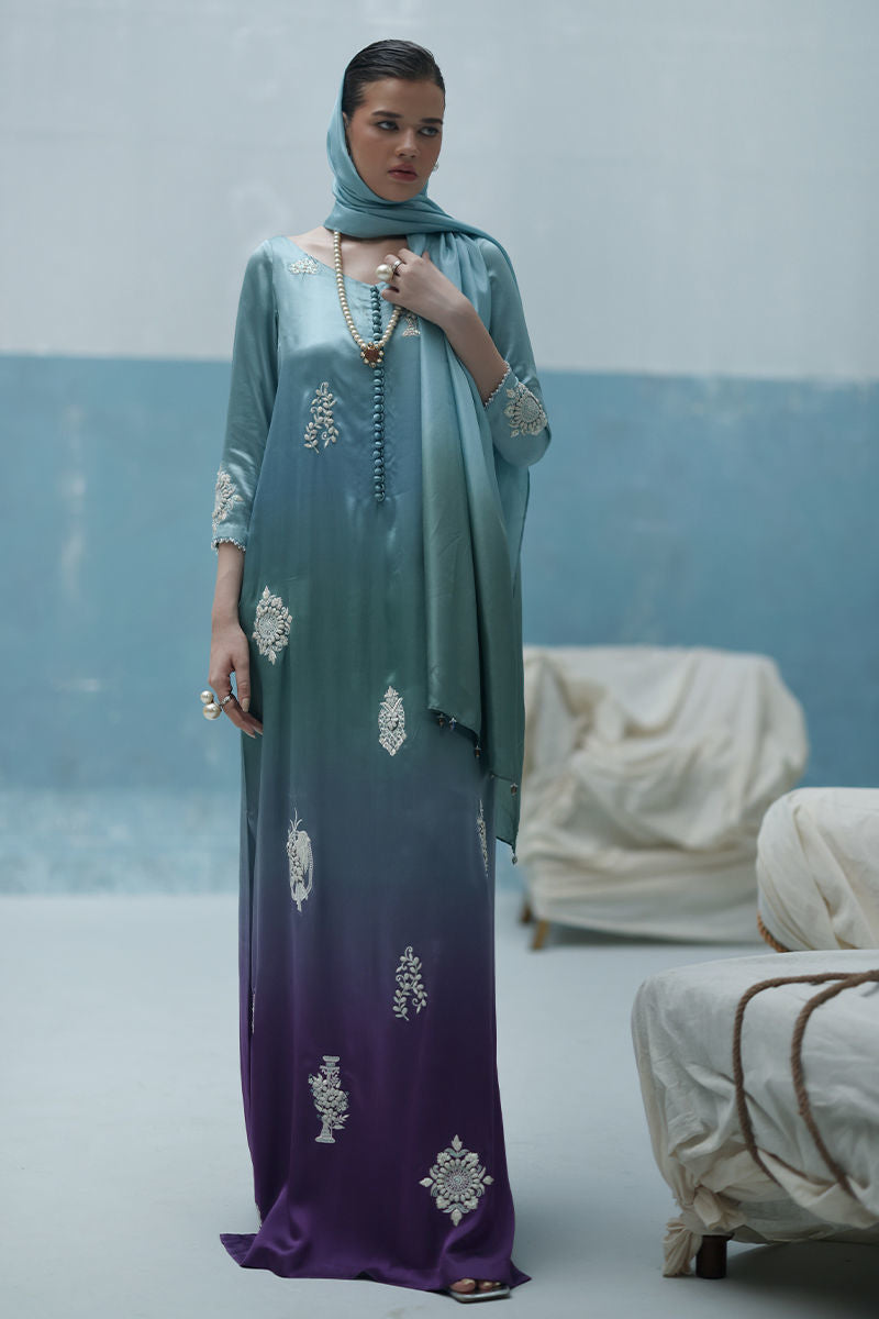 Angel blue ombré kaftan in Charmeuse silk with ivory resham embroidery, paired with crepe silk pants and a matching silk scarf – Pakistani luxury outfit for weddings and Eid.
