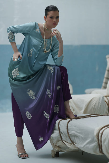 Angel blue ombré kaftan in Charmeuse silk with ivory resham embroidery, paired with crepe silk pants and a matching silk scarf – Pakistani luxury outfit for weddings and Eid.