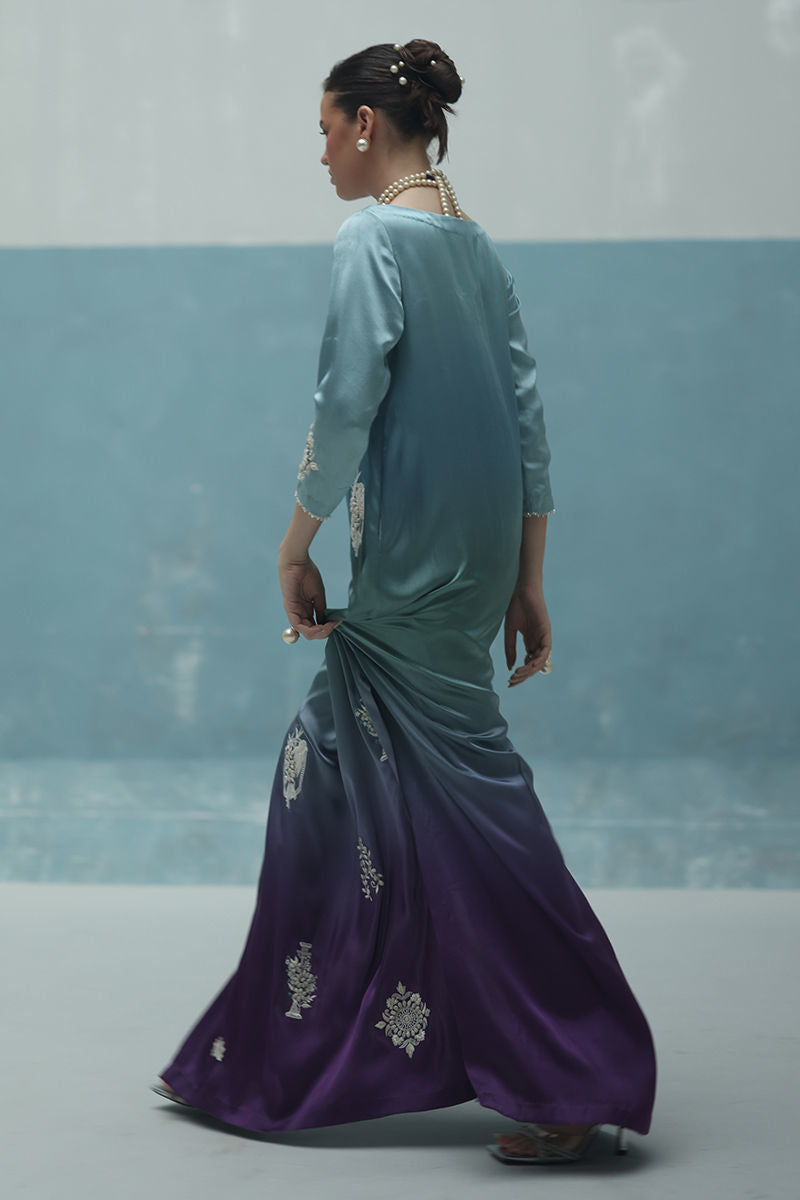 Angel blue ombré kaftan in Charmeuse silk with ivory resham embroidery, paired with crepe silk pants and a matching silk scarf – Pakistani luxury outfit for weddings and Eid.