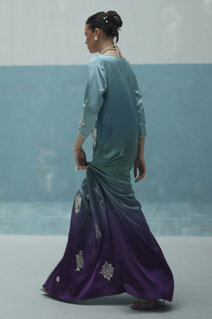Angel blue ombré kaftan in Charmeuse silk with ivory resham embroidery, paired with crepe silk pants and a matching silk scarf – Pakistani luxury outfit for weddings and Eid.