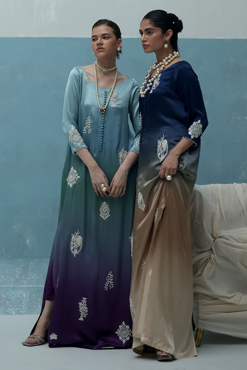 Angel blue ombré kaftan in Charmeuse silk with ivory resham embroidery, paired with crepe silk pants and a matching silk scarf – Pakistani luxury outfit for weddings and Eid.