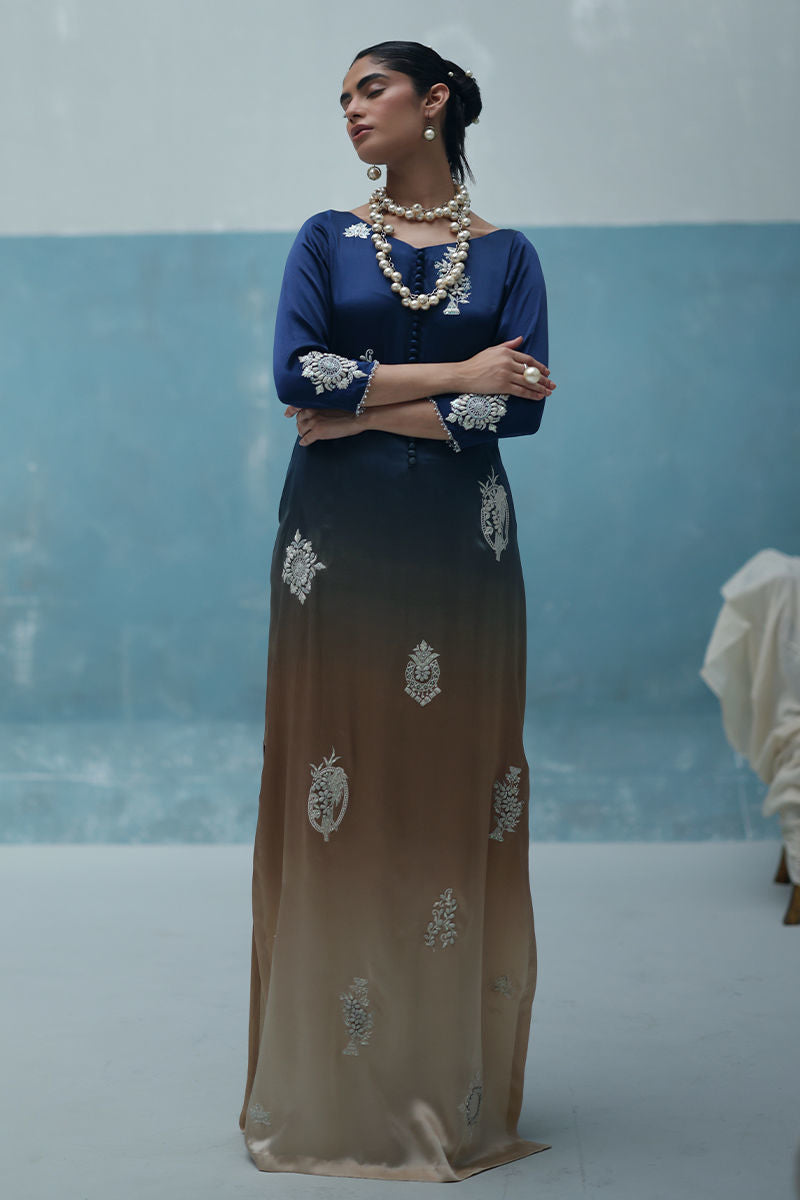 Blue Charmeuse silk kaftan with resham and crystal embroidery, paired with crepe silk pants and ombré silk scarf – Pakistani festive outfit.


