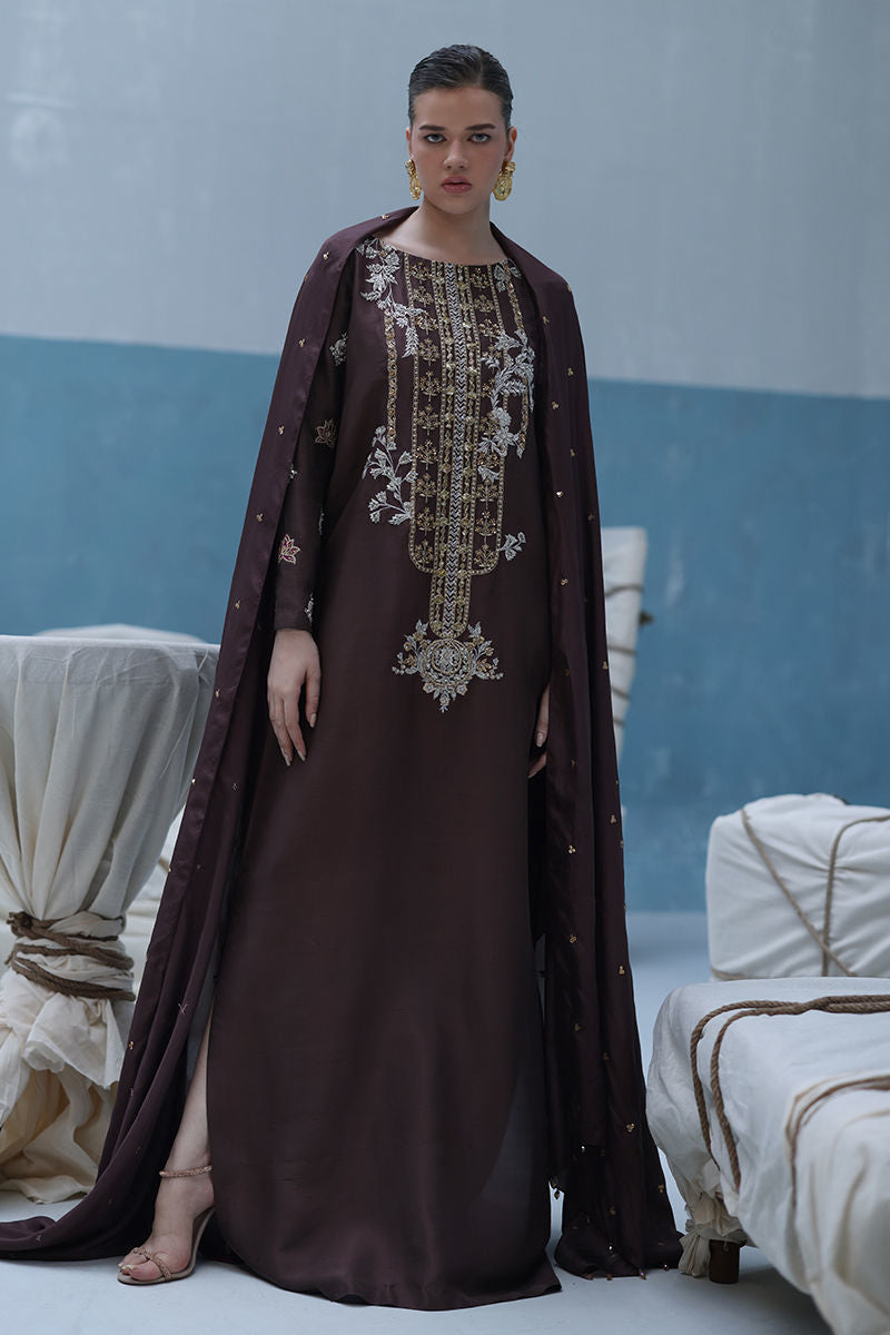 akistani raw silk kaftan in deep taupe with zardozi embroidery and crystal-embellished dupatta – formal outfit for Eid and weddings abroad.