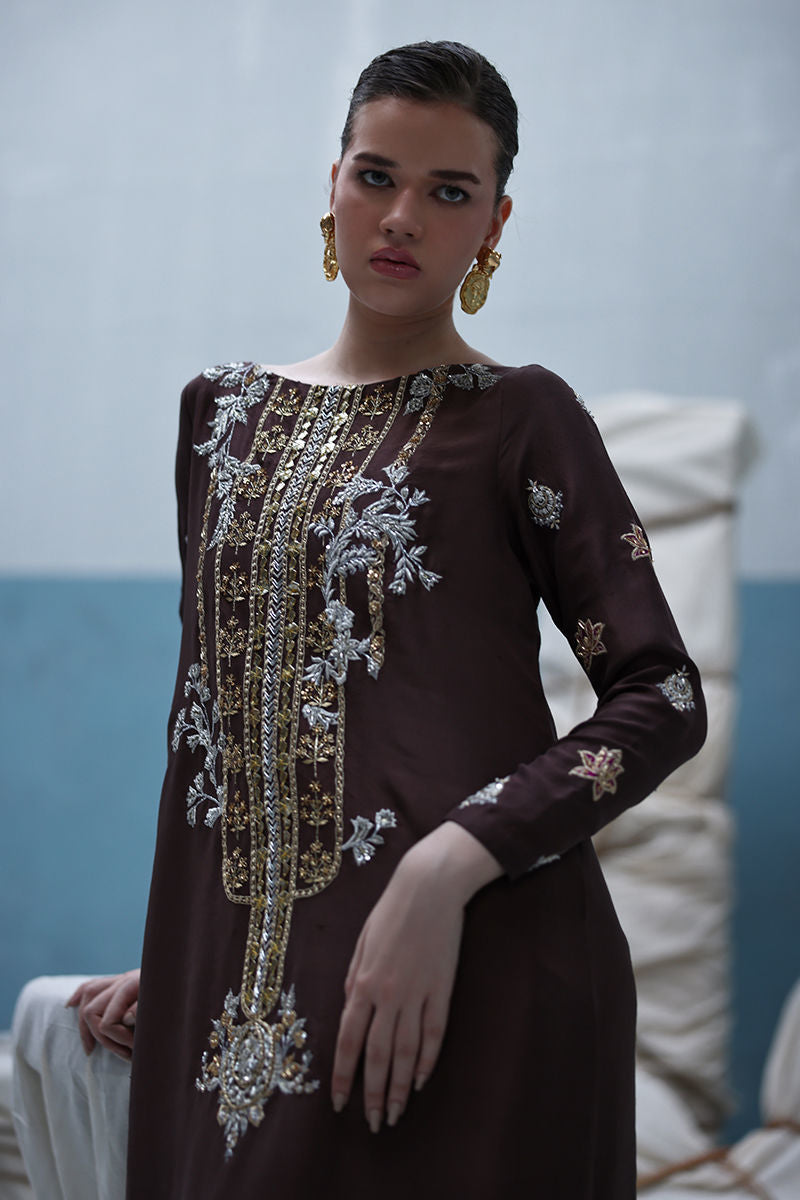 akistani raw silk kaftan in deep taupe with zardozi embroidery and crystal-embellished dupatta – formal outfit for Eid and weddings abroad.
