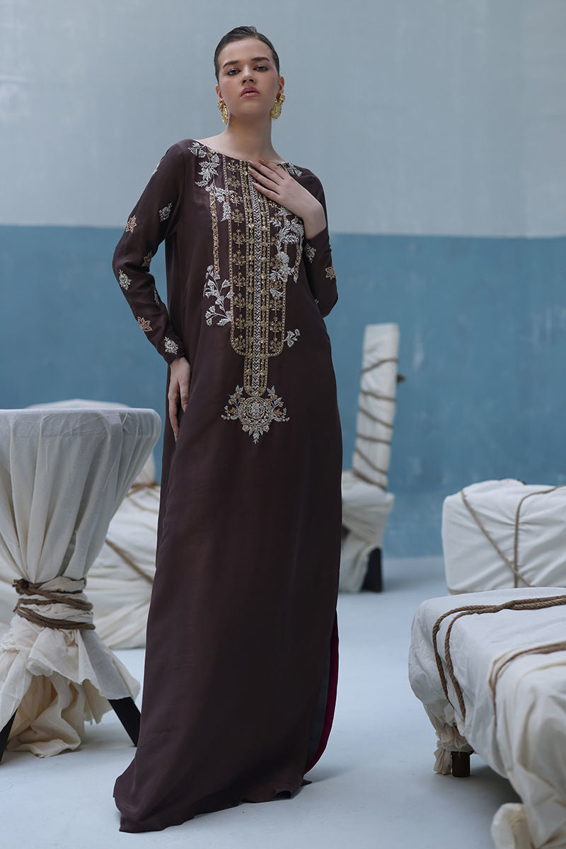 akistani raw silk kaftan in deep taupe with zardozi embroidery and crystal-embellished dupatta – formal outfit for Eid and weddings abroad.