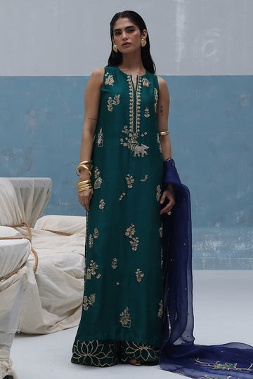 Antique green zardozi embroidered raw silk shirt with blue organza dupatta and embellished culottes – formal Pakistani outfit for women overseas.

