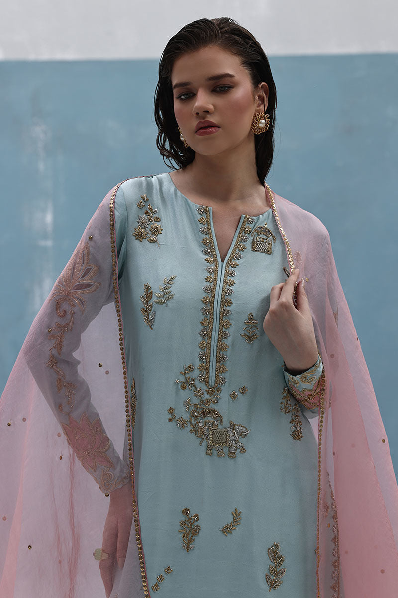 Dusty aqua raw silk shirt with zardozi work, blush pink organza dupatta, and embellished culottes – Pakistani formal dress for Eid and weddings.