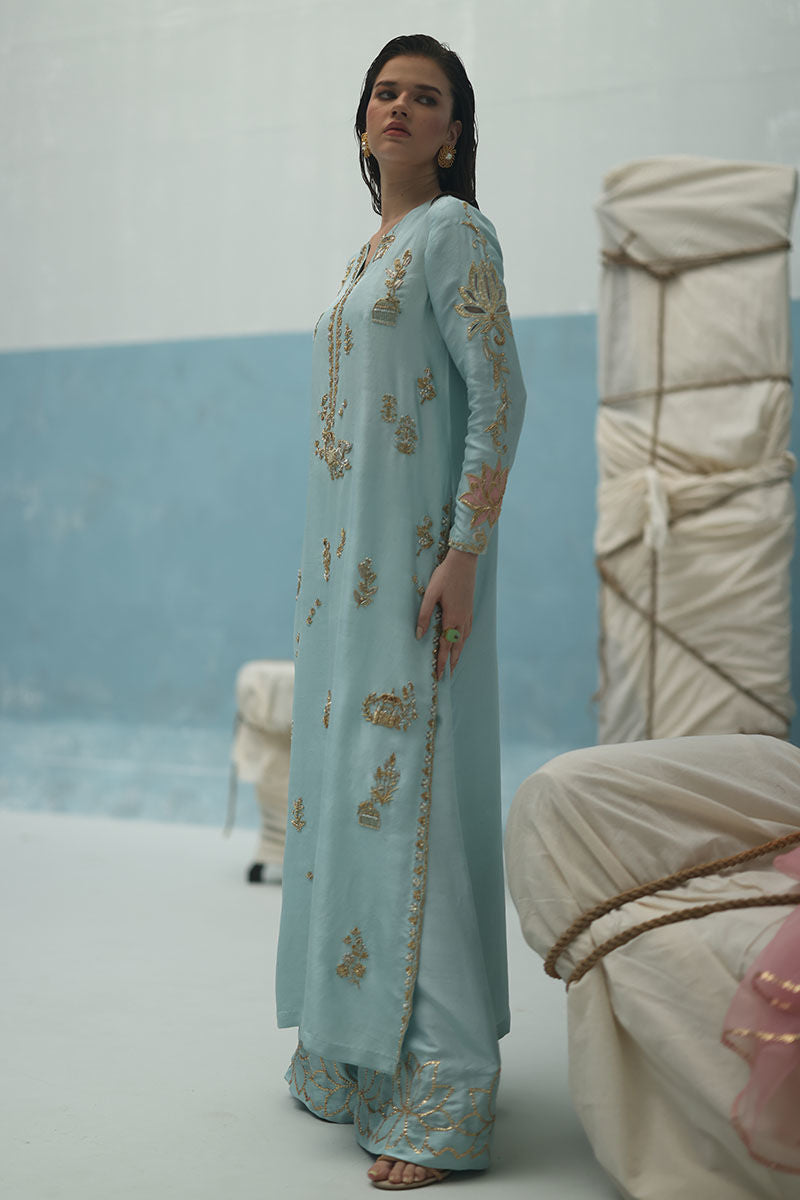 Dusty aqua raw silk shirt with zardozi work, blush pink organza dupatta, and embellished culottes – Pakistani formal dress for Eid and weddings.
