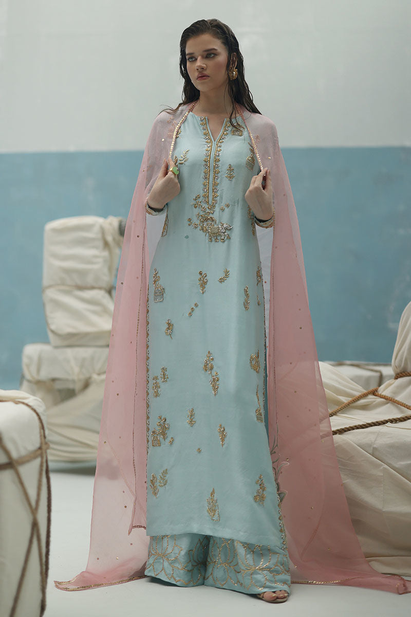 Dusty aqua raw silk shirt with zardozi work, blush pink organza dupatta, and embellished culottes – Pakistani formal dress for Eid and weddings.