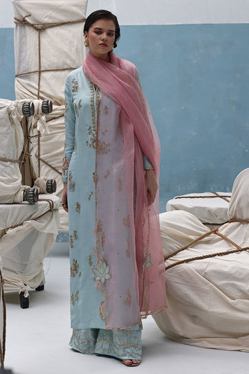 Dusty aqua raw silk shirt with zardozi work, blush pink organza dupatta, and embellished culottes – Pakistani formal dress for Eid and weddings.