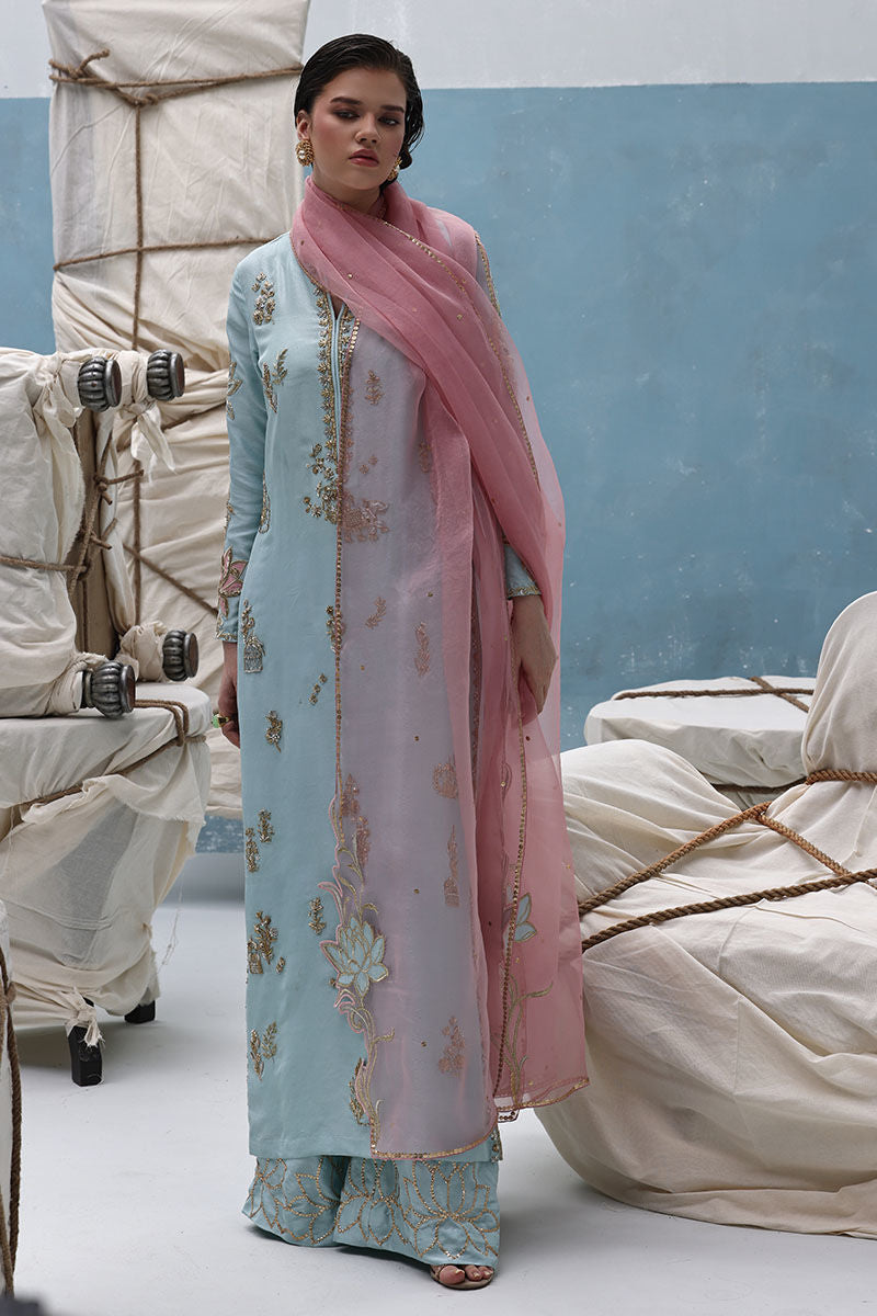 Dusty aqua raw silk shirt with zardozi work, blush pink organza dupatta, and embellished culottes – Pakistani formal dress for Eid and weddings.
