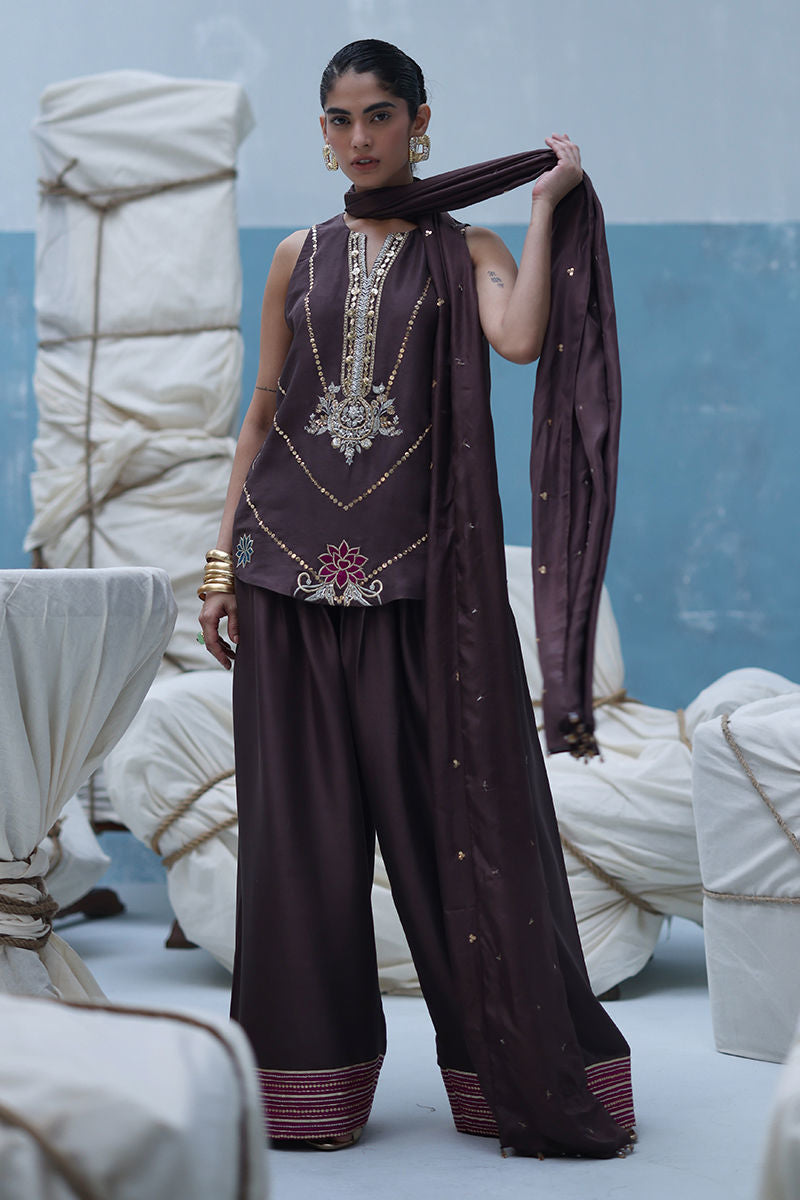 Deep taupe Pakistani raw silk kurta with farshi culottes and medium silk dupatta – formal 3-piece embroidered suit for weddings and Eid abroad.