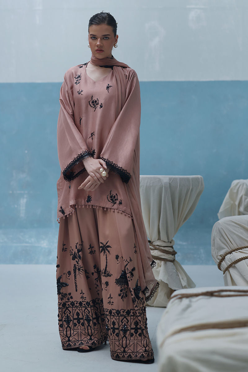 Nude Pakistani outfit with raw silk embroidered kurta, crepe farshi shalwar, and chiffon dupatta – formal 3-piece suit for women in USA, UK, Canada.