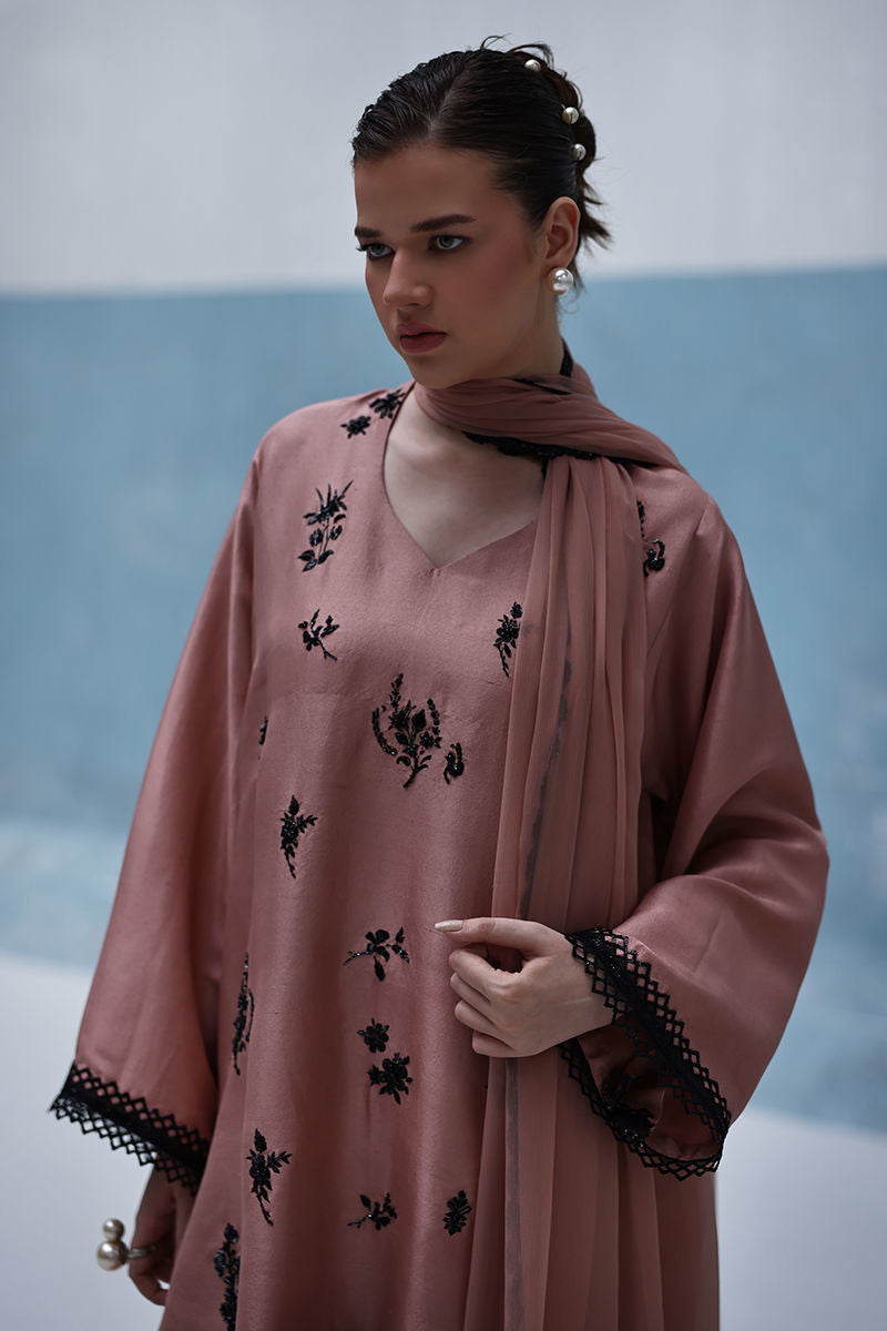 Nude Pakistani outfit with raw silk embroidered kurta, crepe farshi shalwar, and chiffon dupatta – formal 3-piece suit for women in USA, UK, Canada.