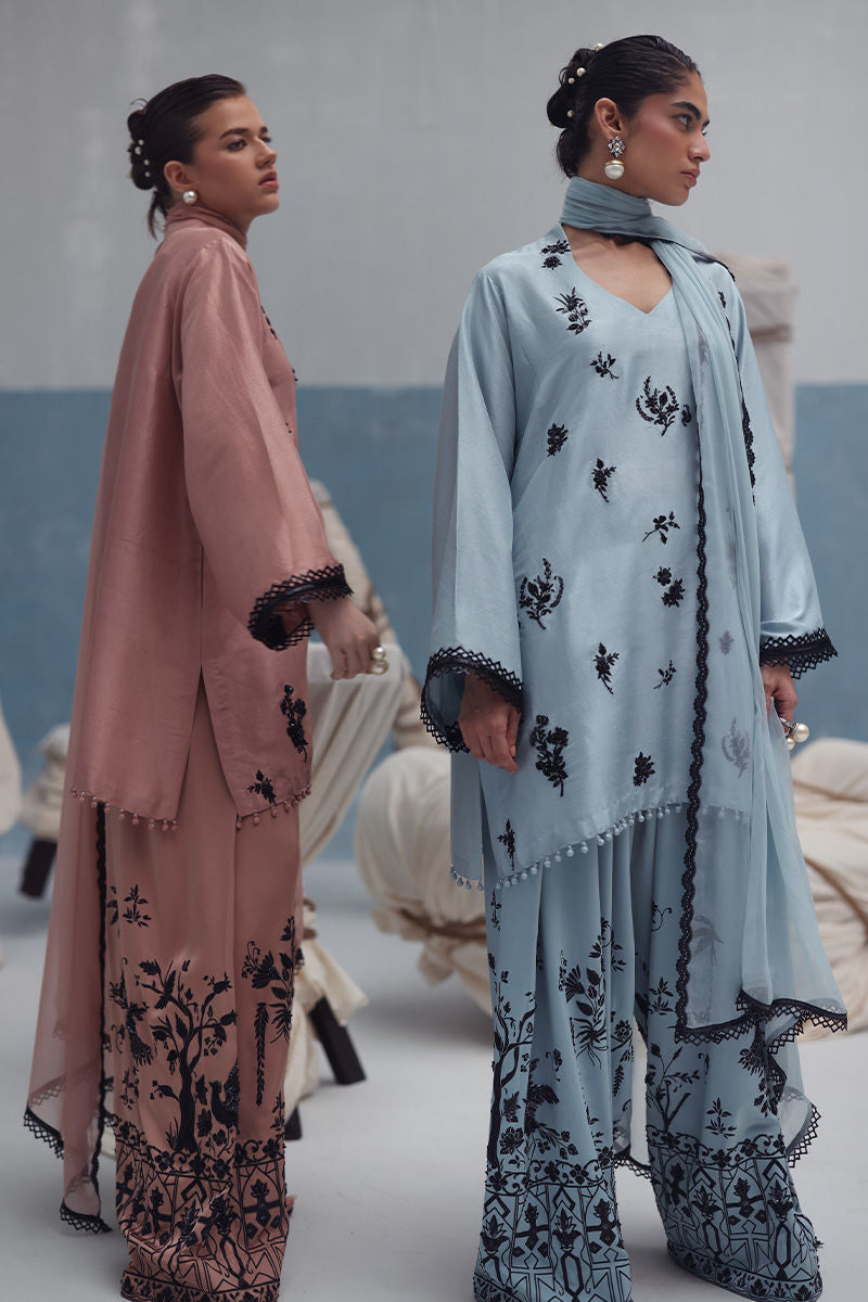Nude Pakistani outfit with raw silk embroidered kurta, crepe farshi shalwar, and chiffon dupatta – formal 3-piece suit for women in USA, UK, Canada.