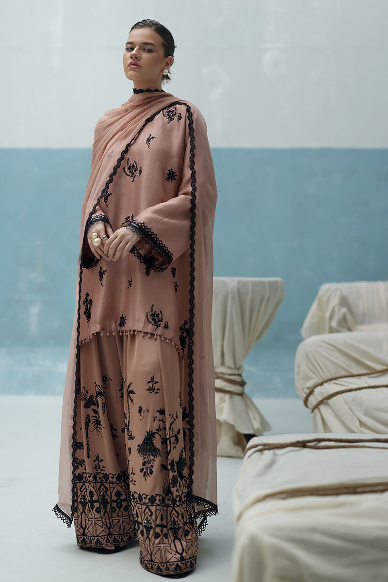Nude Pakistani outfit with raw silk embroidered kurta, crepe farshi shalwar, and chiffon dupatta – formal 3-piece suit for women in USA, UK, Canada.