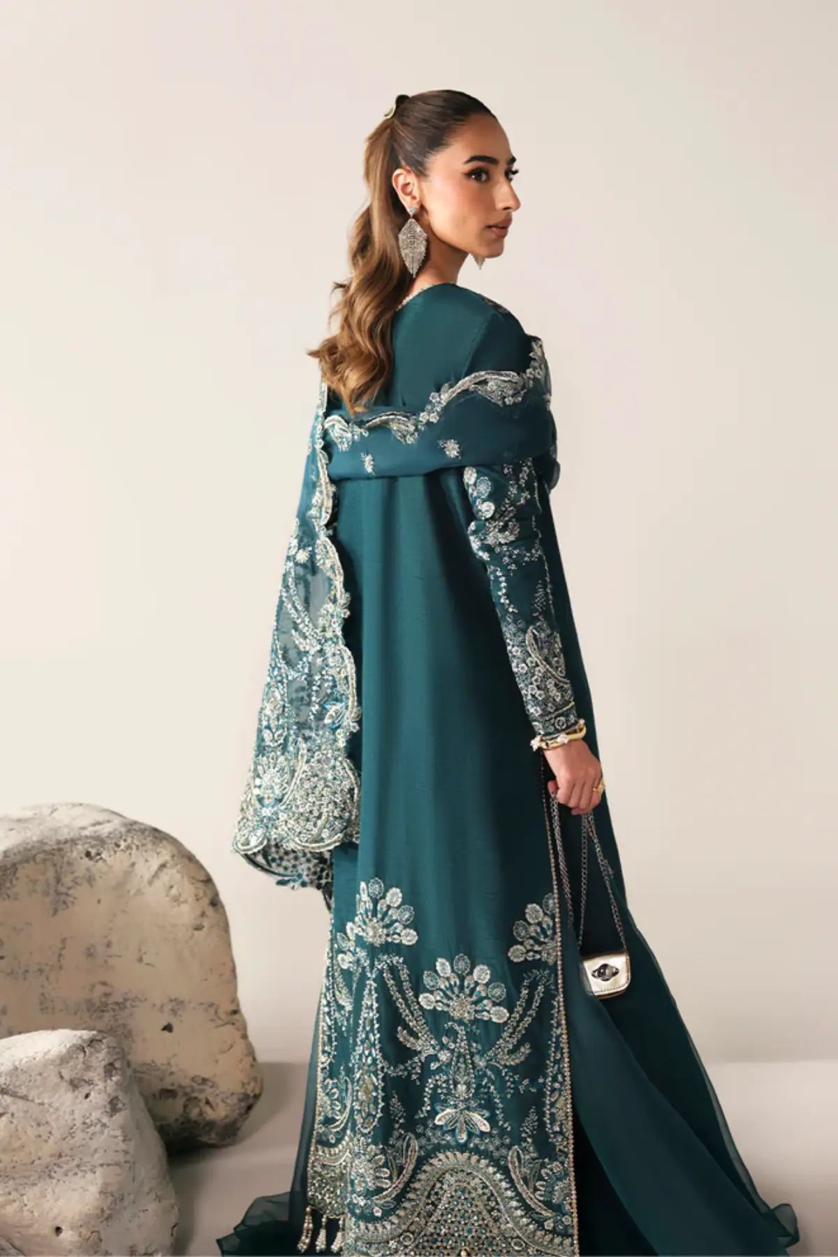 STARLIGHT SWAY Emaan Adeel Teal wedding formal silk stitched dress Pakistanimoda.
