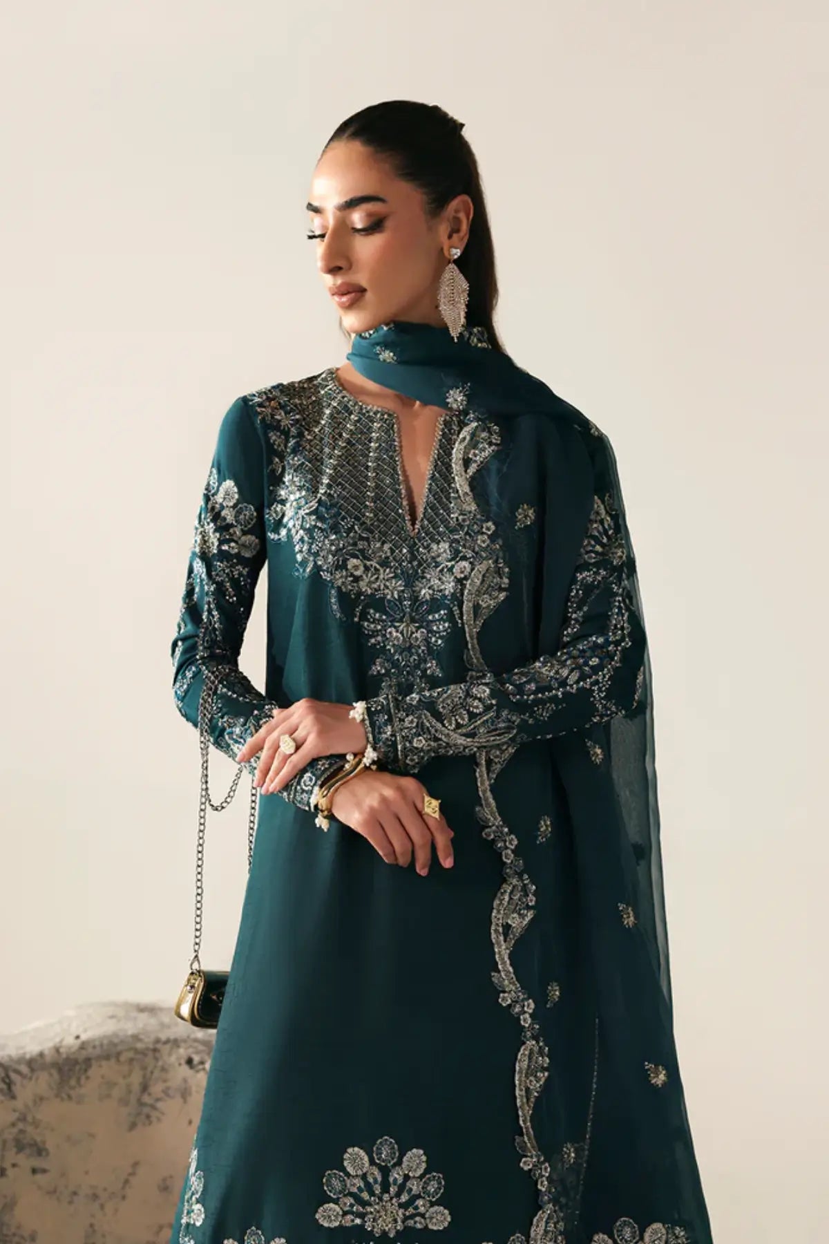 STARLIGHT SWAY Emaan Adeel Teal wedding formal silk stitched dress Pakistanimoda.