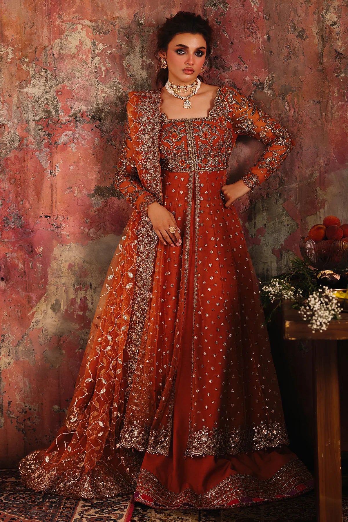 Charizma STM-5-01 Rust Net Pishwas with Hand Embroidery, Sharara & Sequin Dupatta for Reception – Pakistanimoda