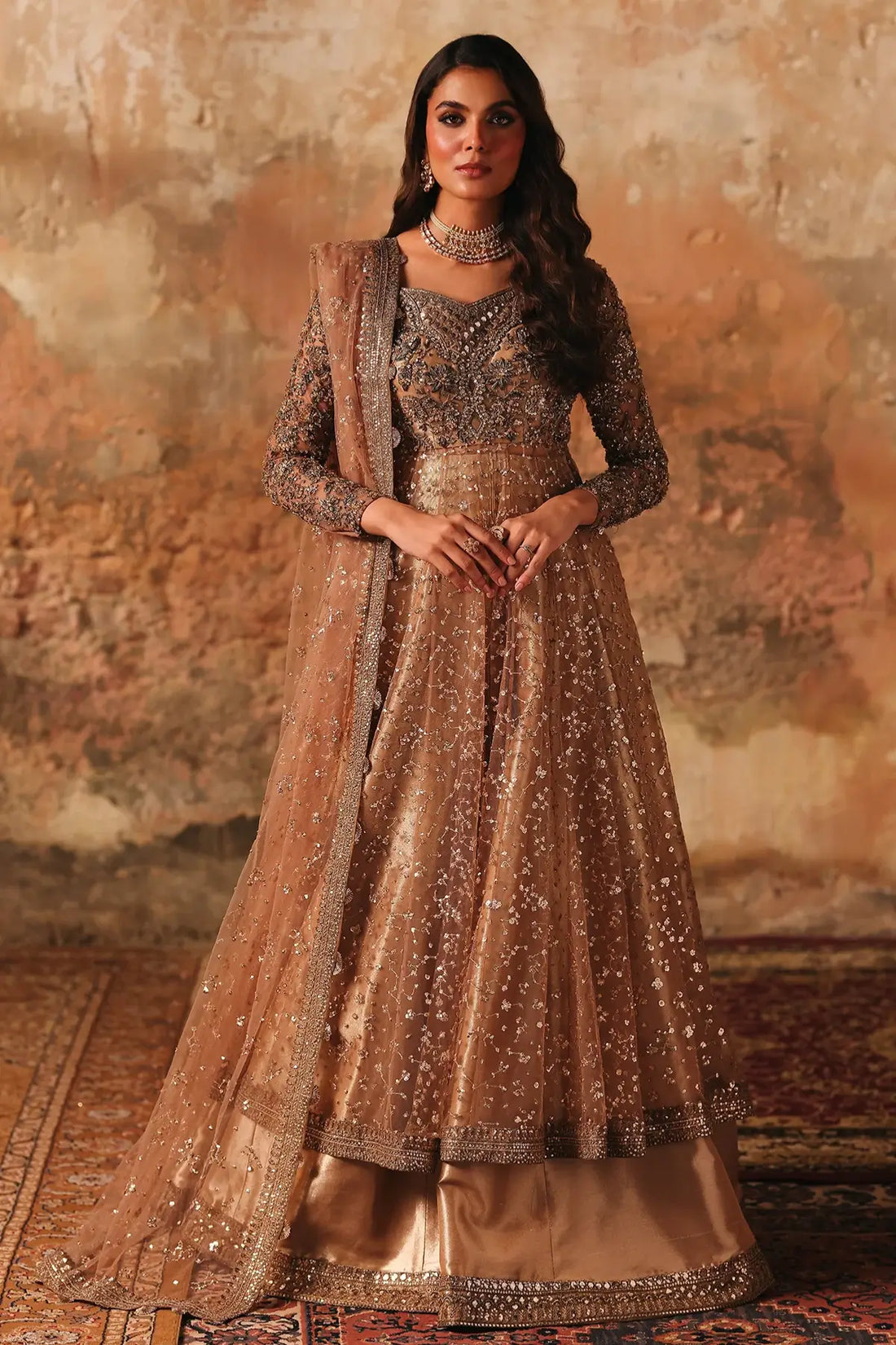 STM-5-015 Charizma Mahsuri peach net pishwas with tissue sharara and sequin border net dupatta 3PC RTW