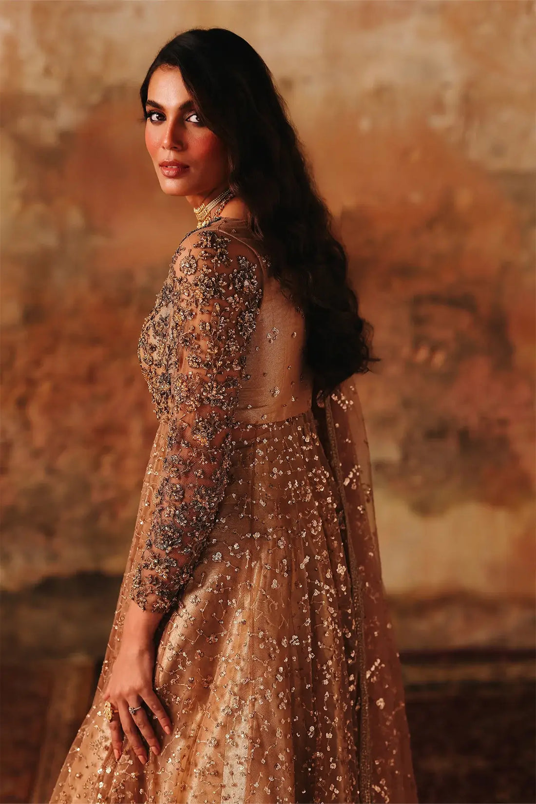 STM-5-015 Charizma Mahsuri peach net pishwas with tissue sharara and sequin border net dupatta 3PC RTW