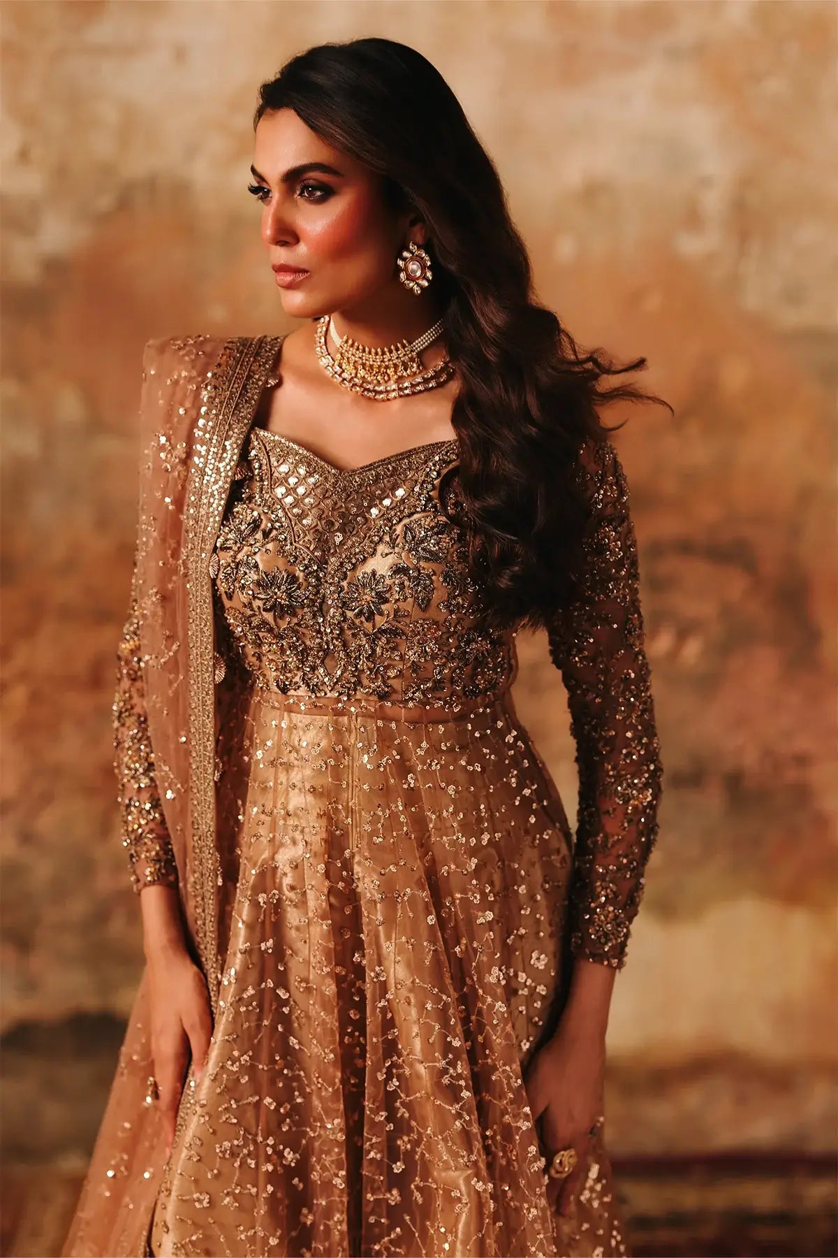 STM-5-015 Charizma Mahsuri peach net pishwas with tissue sharara and sequin border net dupatta 3PC RTW