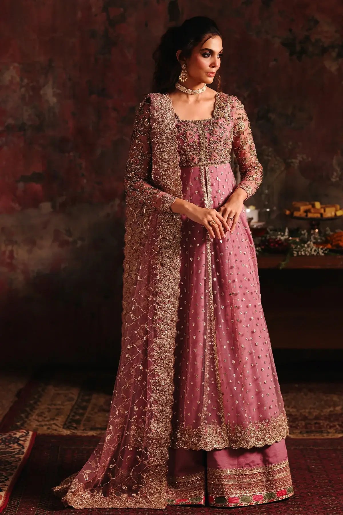 STM-5-02 Charizma Mahsuri dusty rose pink net long pishwas with raw silk sharara and sequin border net dupatta 3PC RTW
